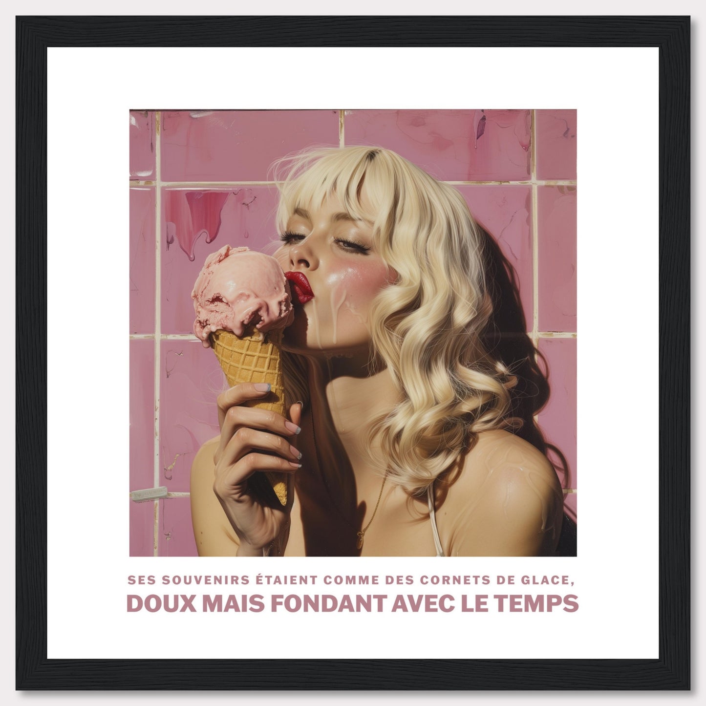 This image features a woman with blonde hair enjoying a pink ice cream cone against a backdrop of pink tiles. The text at the bottom reads: "Ses souvenirs étaient comme des cornets de glace, doux mais fondant avec le temps," which translates to "Her memories were like ice cream cones, sweet but melting with time."