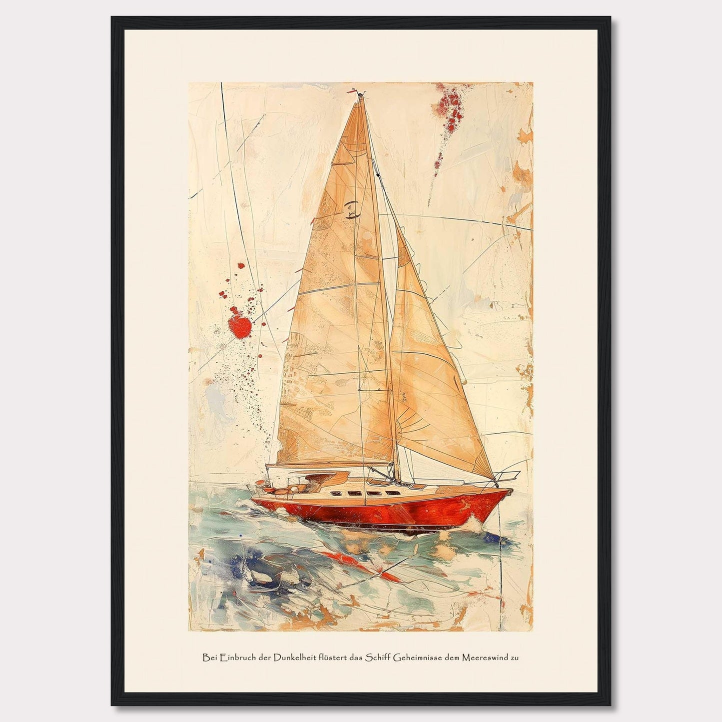 This artwork depicts a stunning sailboat navigating through the ocean with its sails fully unfurled. The painting features a vibrant red boat set against a dynamic background of abstract lines and splashes of color, giving a sense of movement and adventure. The text at the bottom reads: "Bei Einbruch der Dunkelheit flüstert das Schiff Geheimnisse dem Meereswind zu," which translates to "At dusk, the ship whispers secrets to the sea breeze."