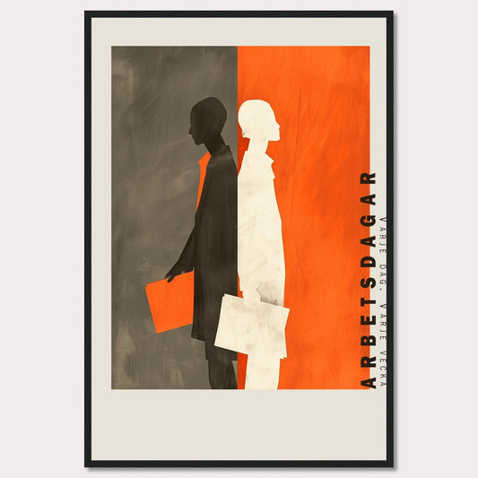 This striking artwork features two silhouetted figures, one in black and the other in white, standing back-to-back against a divided background of gray and orange. Both figures are holding documents, symbolizing work or business activities. The text "ARBETSDAGAR" is prominently displayed vertically on the right side, accompanied by the phrase "VARJE DAG - VARJE VECKA" below it.