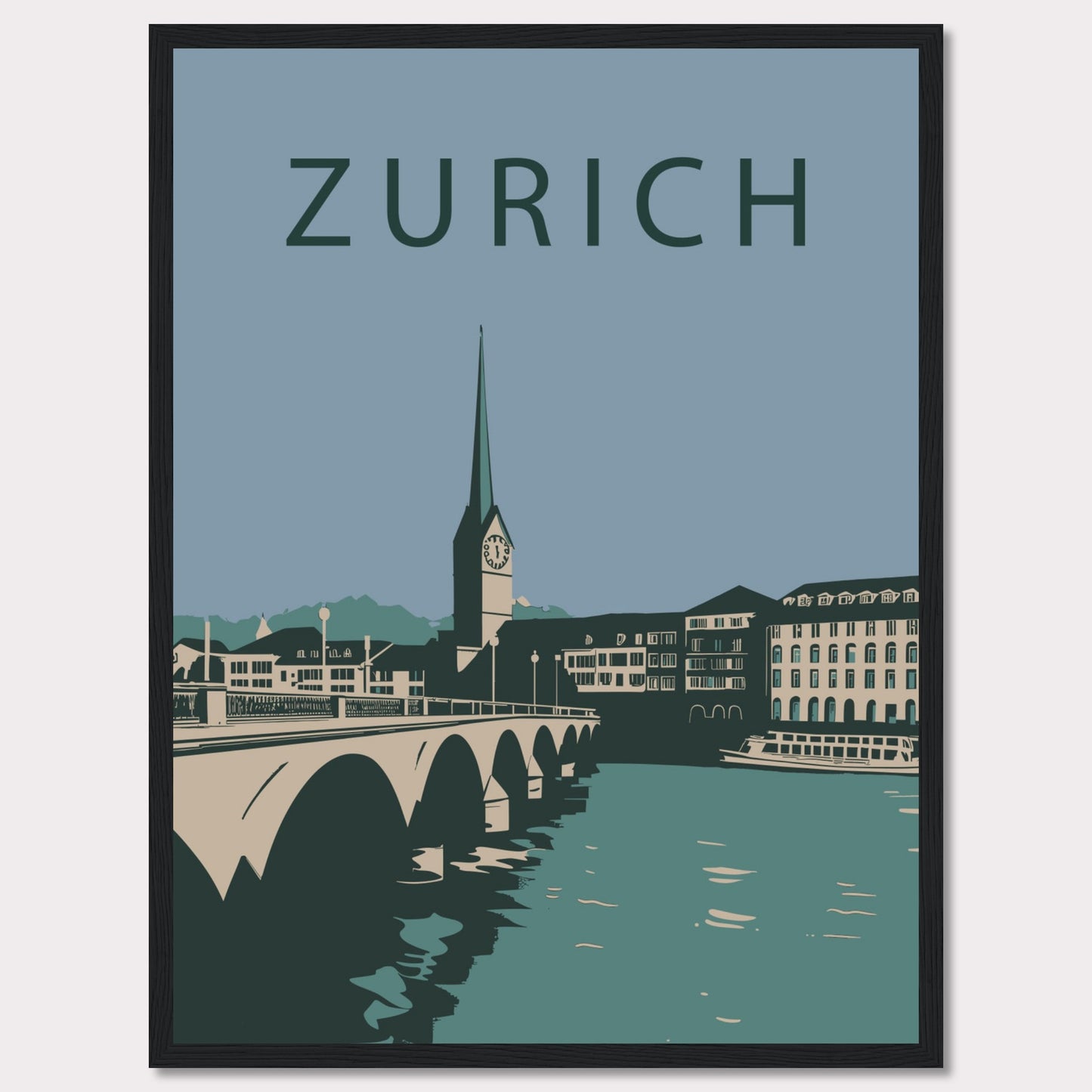 This poster features a serene illustration of Zurich, showcasing its iconic architecture and tranquil river scene.