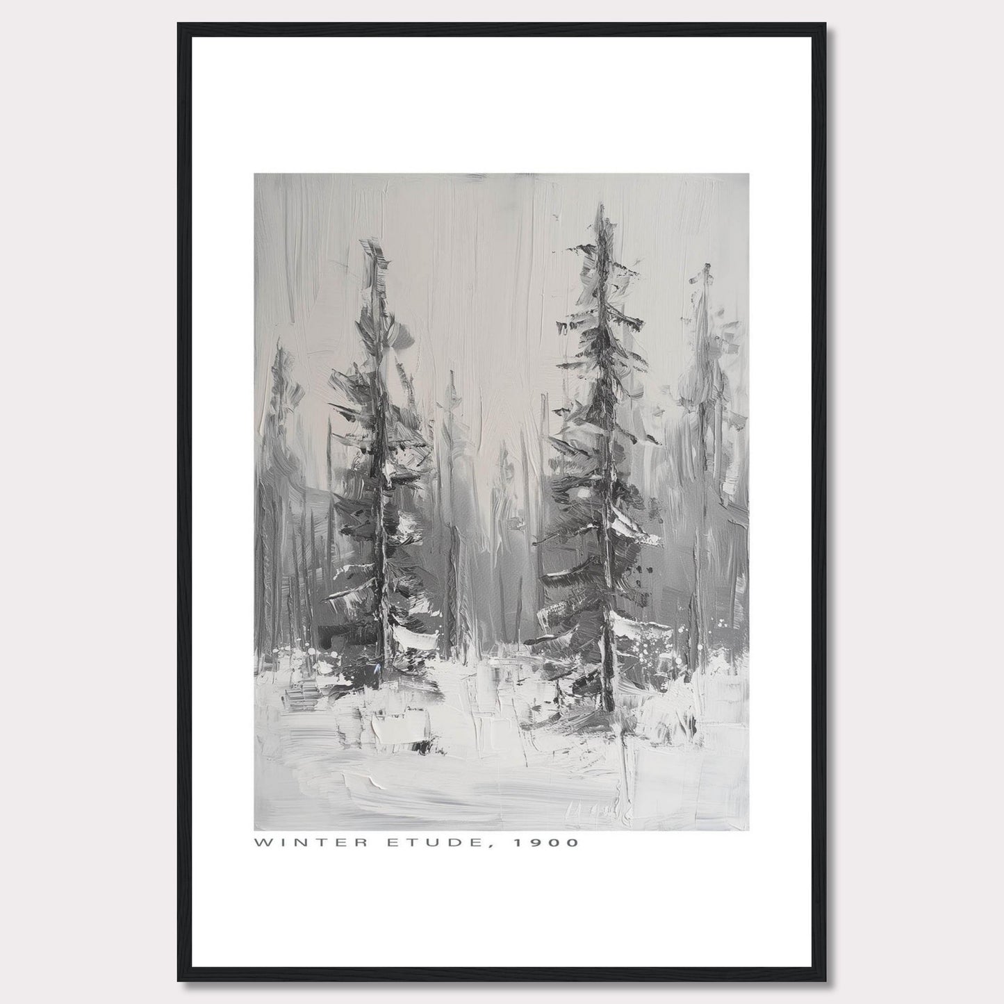 This image showcases a framed painting titled "Winter Etude, 1900". The artwork depicts a serene winter landscape with two prominent trees standing tall amidst a snowy backdrop. The painting is done in grayscale, emphasizing the cold and tranquil atmosphere of winter.