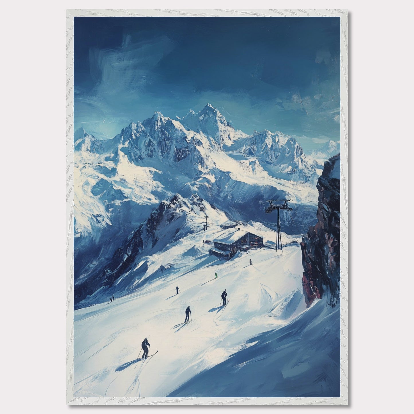 This vibrant, retro-style poster captures the excitement of skiing through the Swiss Alps, with skiers navigating fresh powder beneath towering, snow-covered peaks. The vast landscape and the thrill of the descent evoke a sense of freedom and adventure. The vintage typography and warm colors enhance the adventurous spirit, making it a perfect invitation to explore the slopes of the Swiss Alps and experience the rush of alpine skiing.