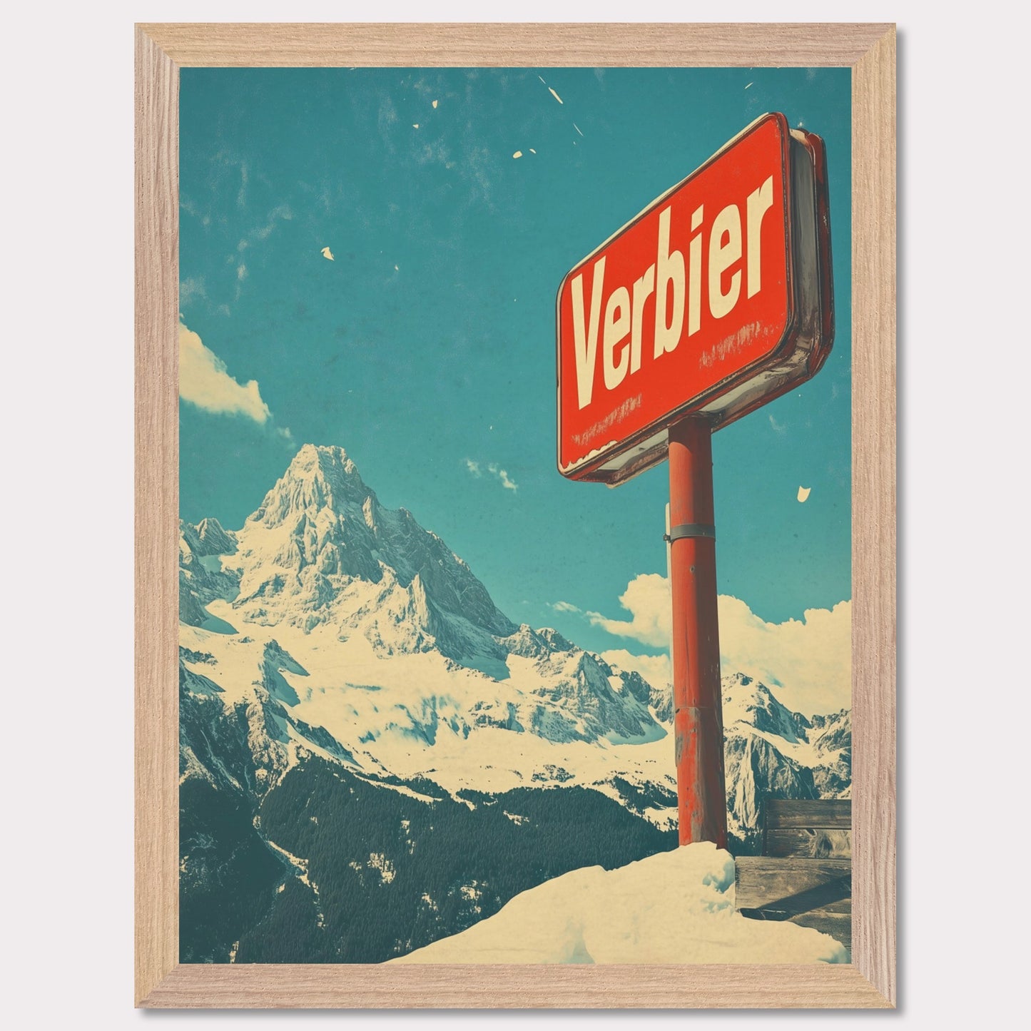 This striking retro-style poster showcases the iconic "Verbier" sign against the backdrop of towering snow-covered peaks and a bright blue sky. The rustic sign, partially worn by time, perfectly complements the expansive, untouched wilderness of the Swiss Alps. The vintage color palette and texture evoke a sense of nostalgia, capturing the allure of Verbier as a timeless destination for adventure and escape into nature’s beauty.