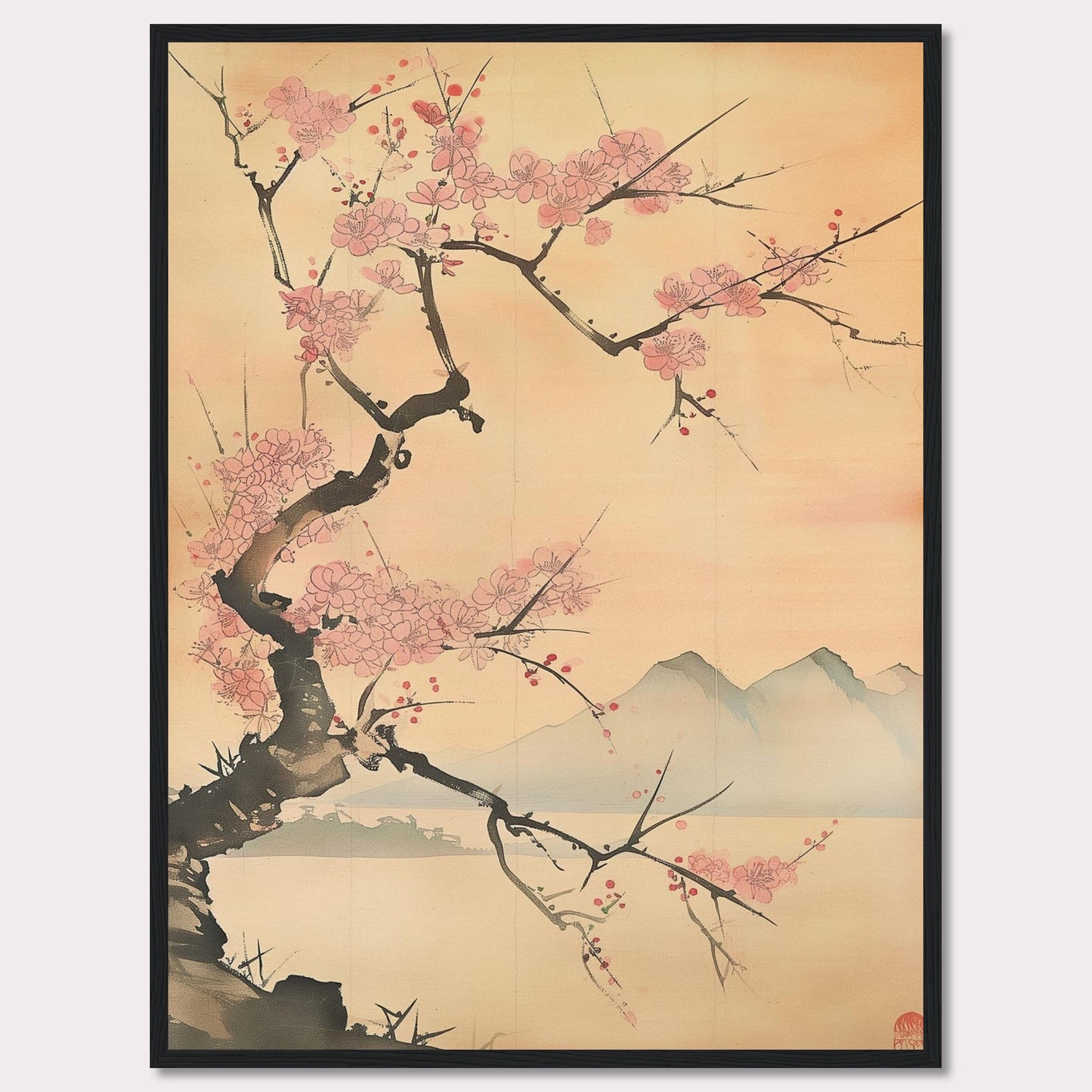 This beautiful artwork features a delicate cherry blossom tree in full bloom against a serene backdrop of distant mountains. The soft pastel hues create a tranquil and calming atmosphere, perfect for any living space.