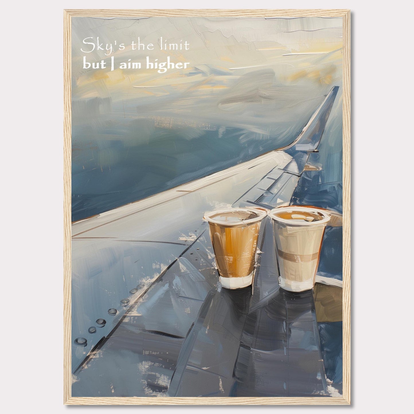 This image features a painted depiction of an airplane wing with two cups of coffee placed on it. The sky is depicted in soft, calming hues, suggesting a serene atmosphere. The text "Sky's the limit but I aim higher" is written in the upper left corner, adding an inspirational element to the artwork.