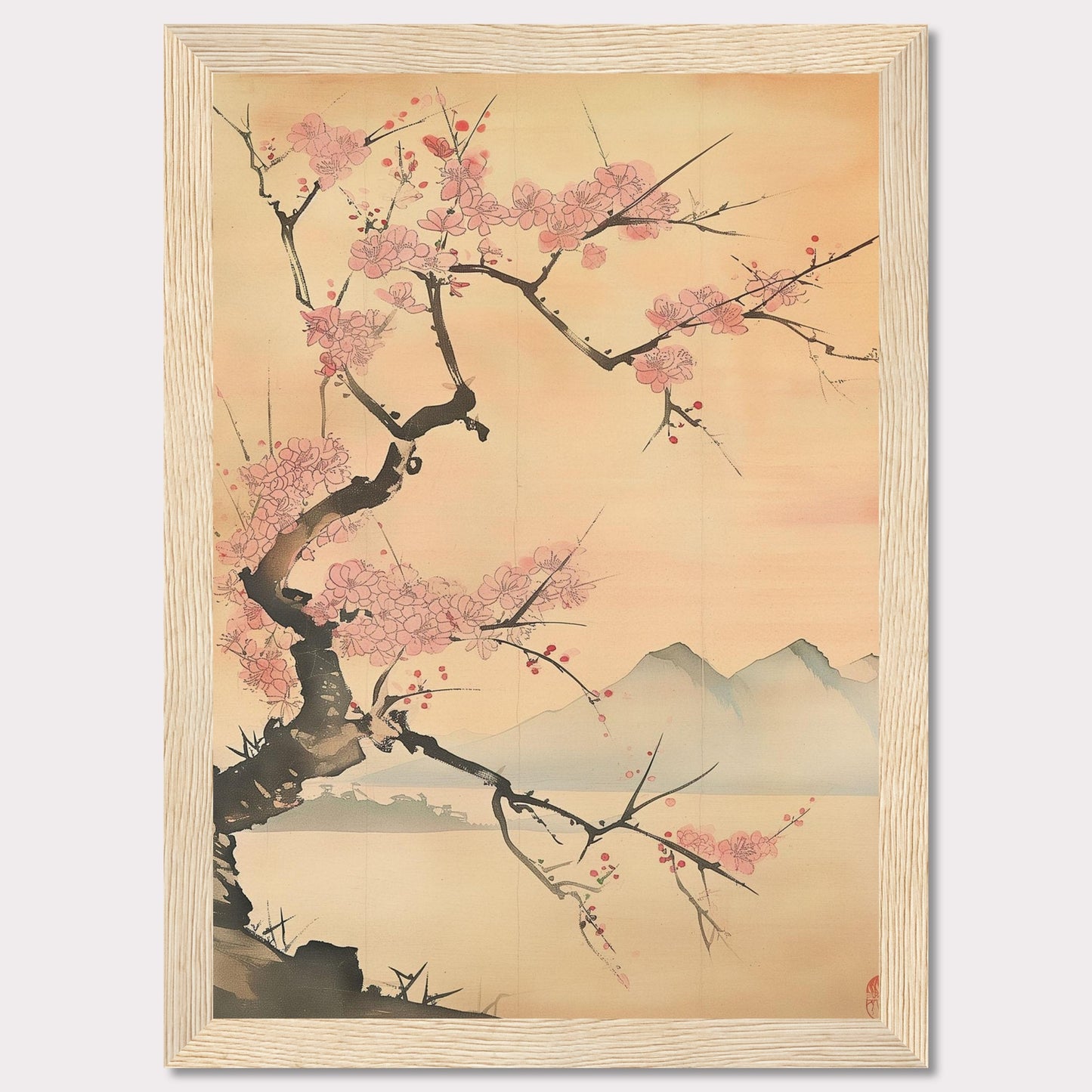 This beautiful artwork features a delicate cherry blossom tree in full bloom against a serene backdrop of distant mountains. The soft pastel hues create a tranquil and calming atmosphere, perfect for any living space.