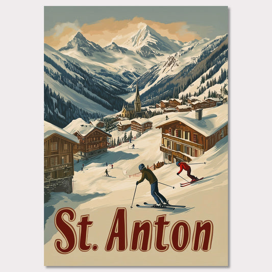 This captivating poster showcases the thrill of skiing in St. Anton, with a group of skiers carving through the fresh powder beneath the dramatic peaks of the Alps. The background features a picturesque village of wooden chalets nestled among the snow, while the rich retro colors and typography emphasize the adventurous spirit of St. Anton as a premier ski destination. The poster evokes both the excitement of the slopes and the warmth of alpine hospitality.