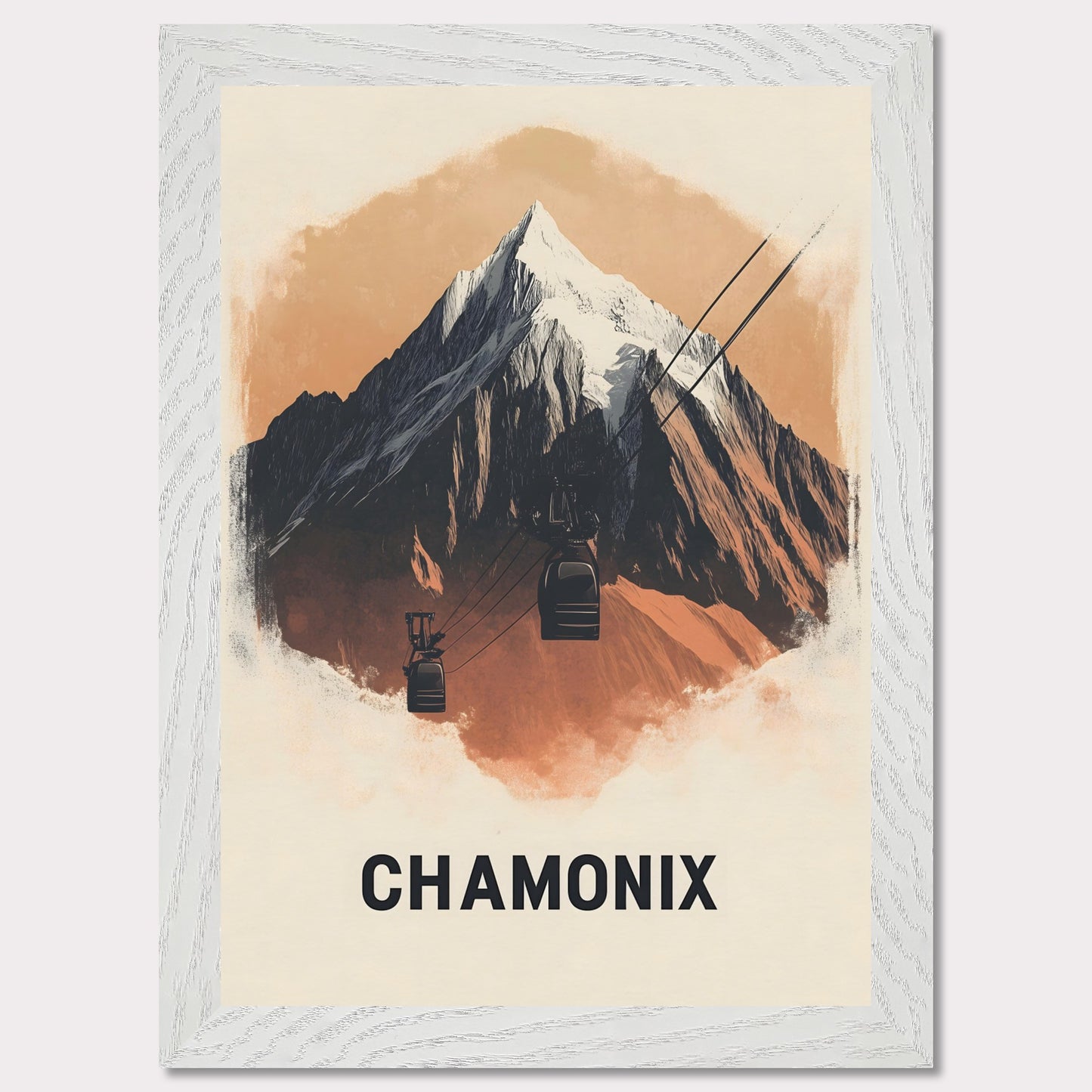 This minimalist poster artfully presents Chamonix, France, a legendary alpine destination known for its dramatic peaks and thrilling ski slopes. The sharp, stylized mountain silhouette contrasts beautifully with the soft sky, creating a bold yet harmonious composition. The subtle shading adds depth, bringing the grandeur of Mont Blanc to life.