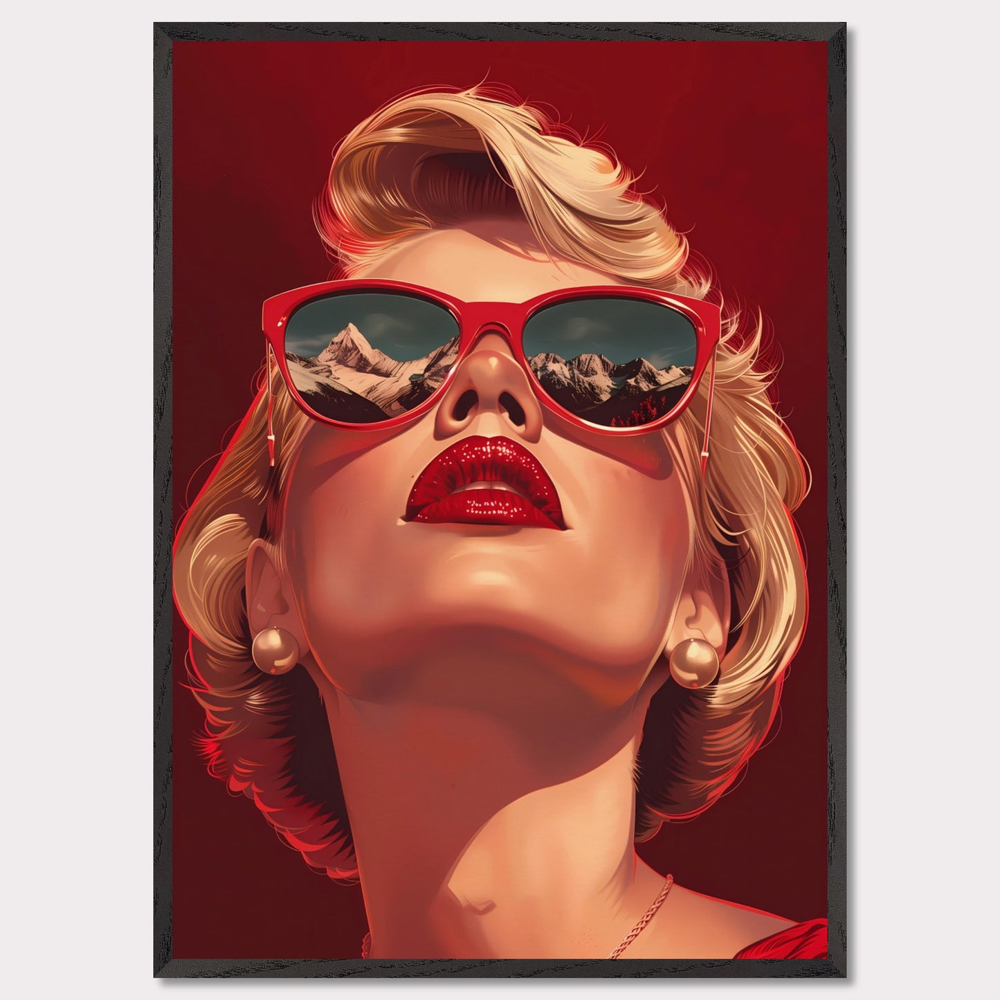 This striking artwork features a glamorous woman with blonde hair, wearing bold red sunglasses that reflect a stunning mountain landscape. Her vibrant red lips and pearl earrings add to the sophisticated and stylish aura of the piece.