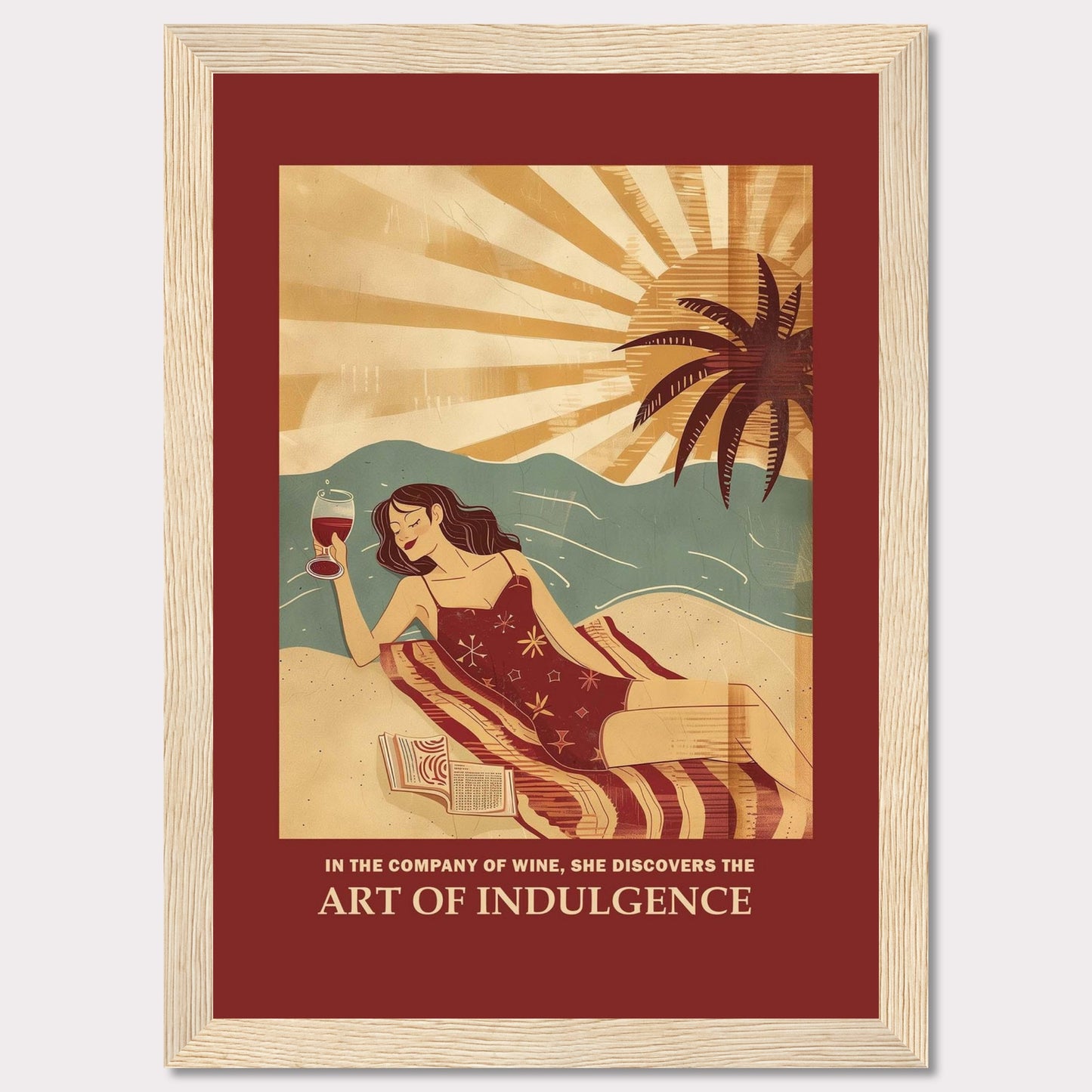 This vibrant poster features a woman relaxing on a beach with a glass of wine. The sun is setting behind a palm tree, casting warm rays over the scene. She is lying on a striped blanket with an open book beside her, embodying a moment of pure relaxation and indulgence.