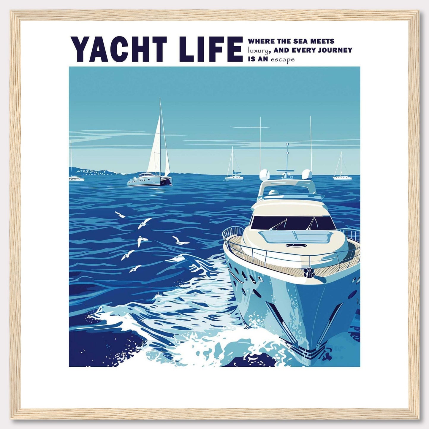 This captivating artwork depicts a serene ocean scene with luxurious yachts sailing under a clear blue sky. The image conveys a sense of tranquility and adventure, inviting viewers to imagine themselves embarking on a luxurious journey at sea.