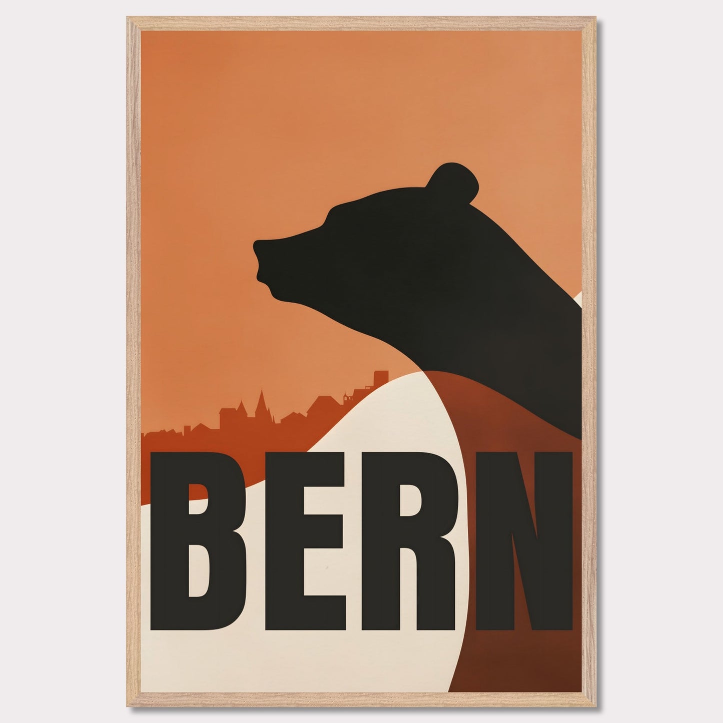 This minimalist poster features the silhouette of a bear — the symbol of Bern — against an orange sky and the city's architectural skyline. Simple yet profound, the design captures the atmosphere of Switzerland's capital and its rich cultural heritage.