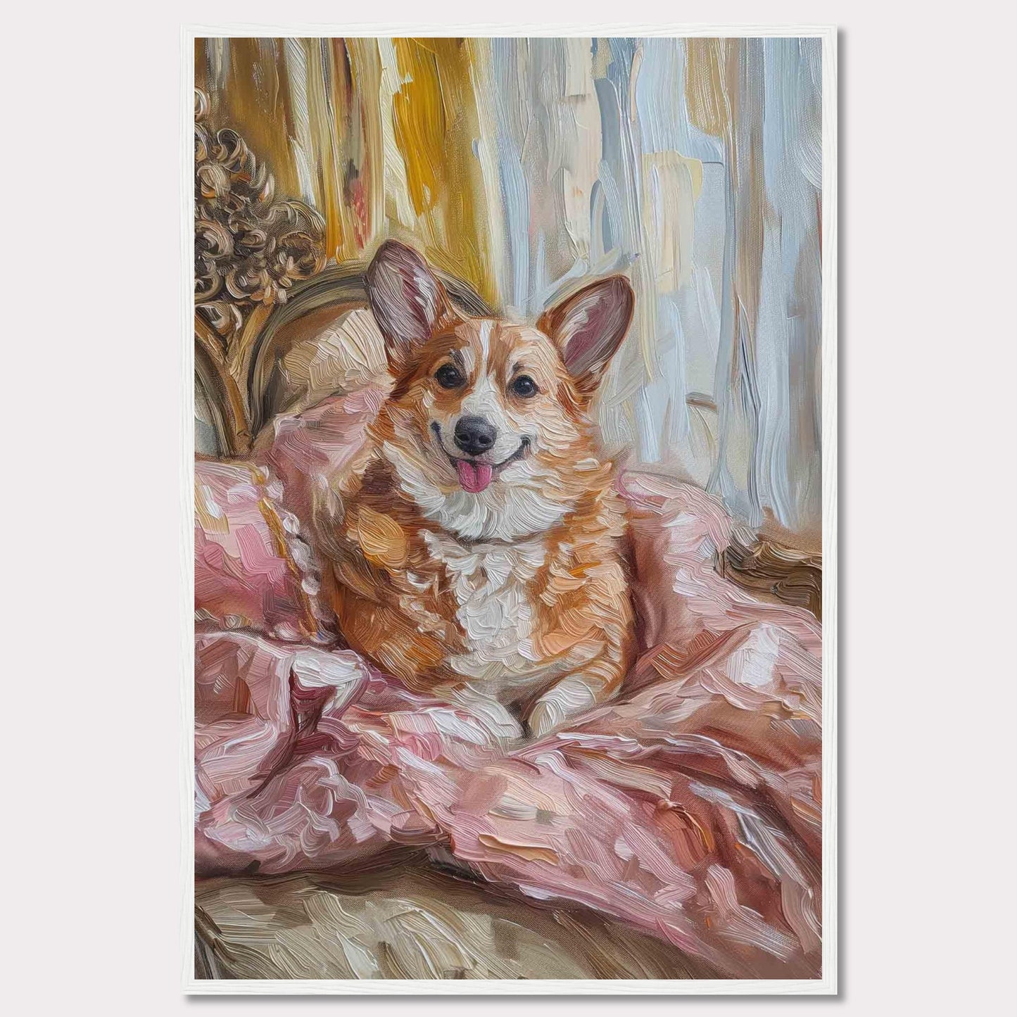 This charming painting captures a joyful corgi nestled in luxurious pink bedding, exuding warmth and happiness. The background features elegant drapery and ornate furniture, adding a touch of sophistication to the scene.