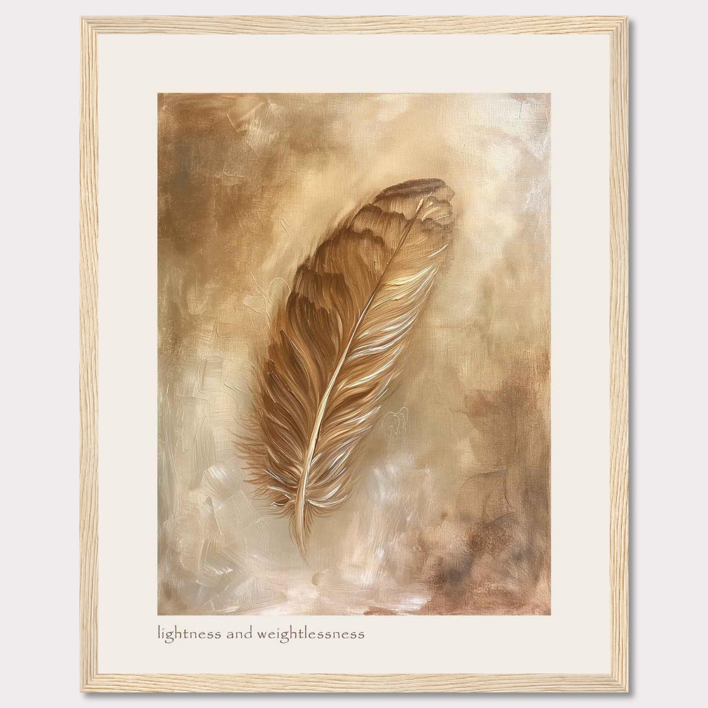 This image showcases a beautifully framed artwork featuring a single feather. The feather is depicted in warm, earthy tones, creating a sense of tranquility and elegance. The background consists of soft, abstract brushstrokes that enhance the delicate nature of the feather. At the bottom of the artwork, the phrase "lightness and weightlessness" is inscribed, adding to the ethereal feel of the piece.