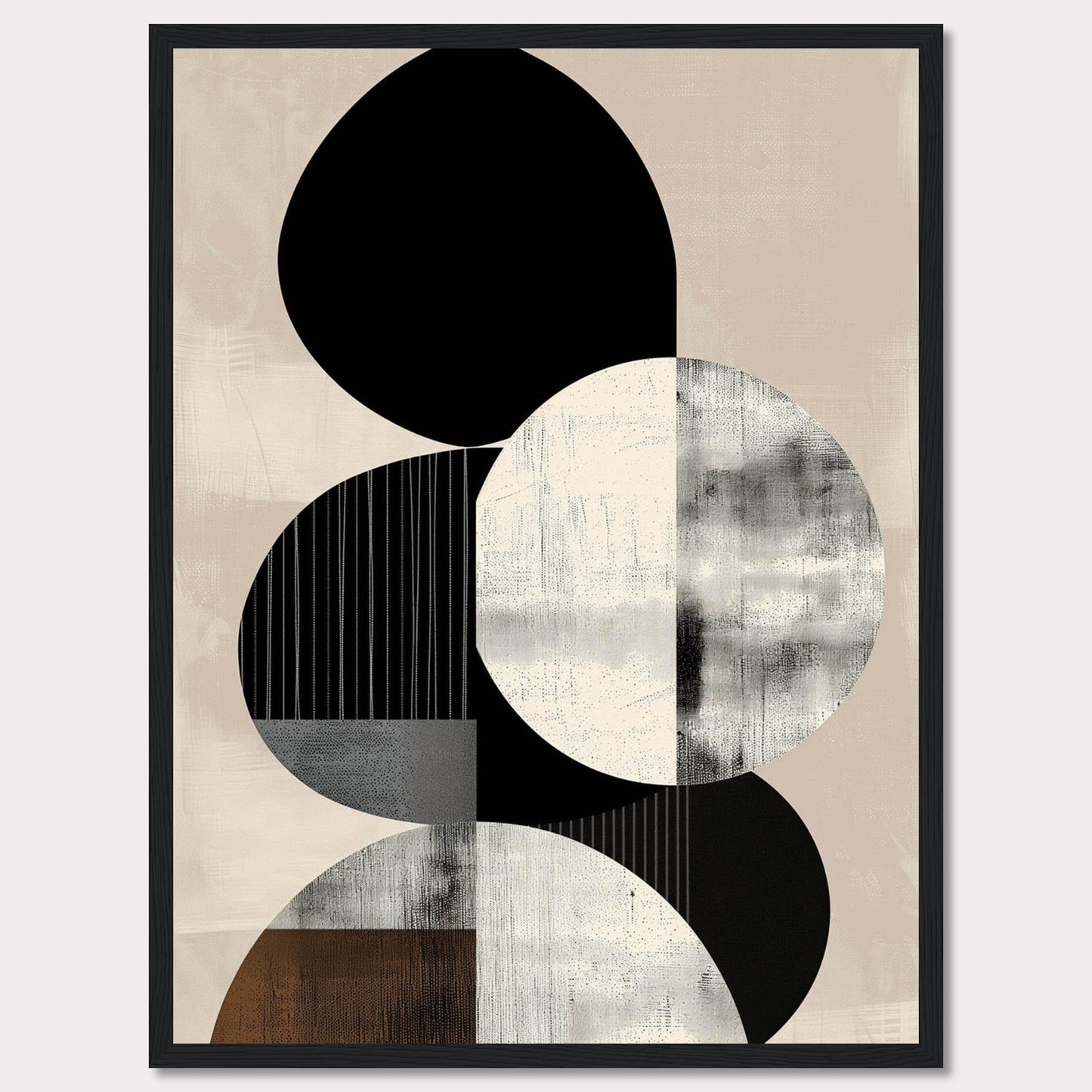 This image showcases a modern abstract art piece featuring geometric shapes in monochrome and neutral tones. The design includes overlapping circles and ovals with textured patterns.