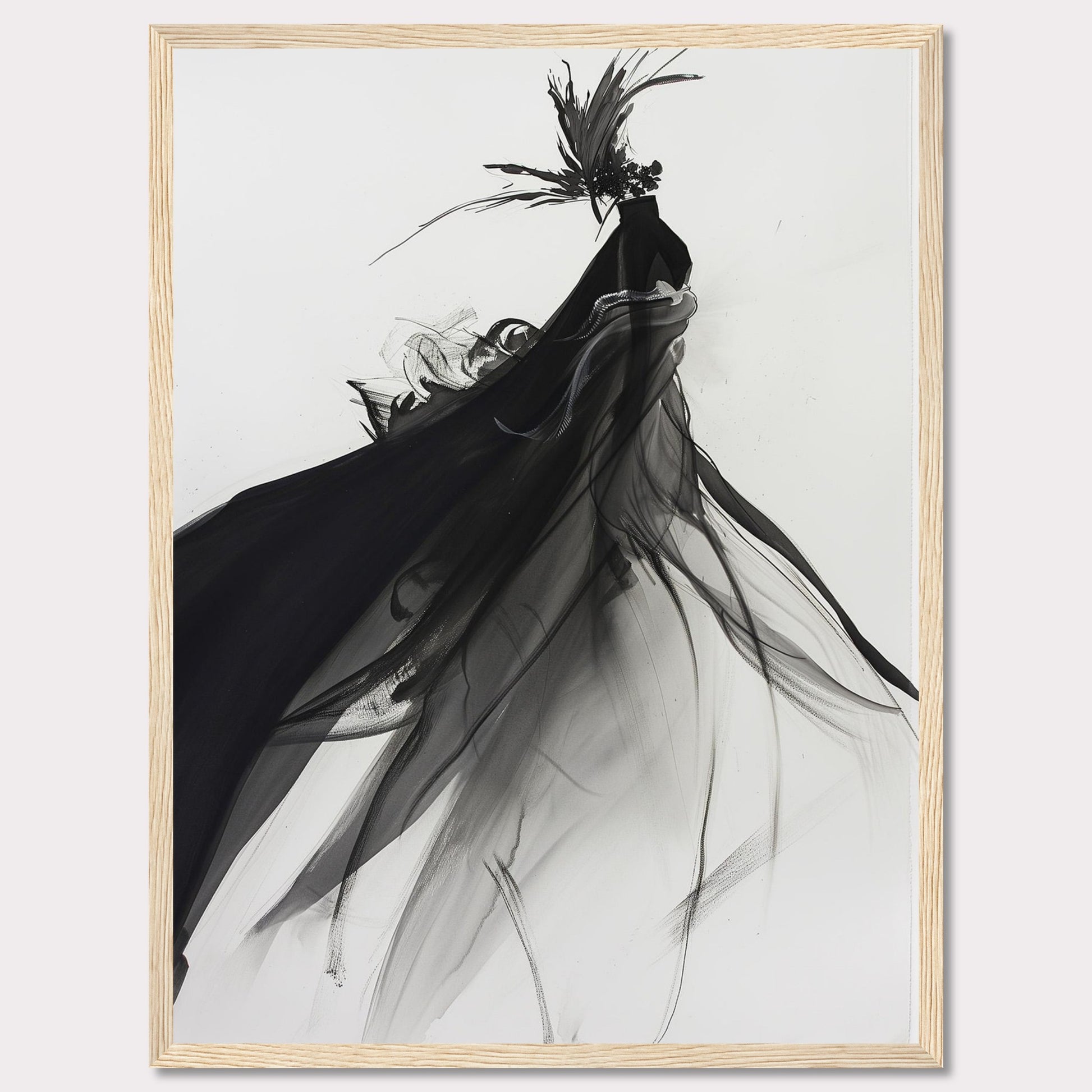 This captivating artwork features a fluid, abstract depiction of a black swan in motion, rendered in striking black and white tones. The swan is adorned with a dramatic headpiece and flowing plumage that create a sense of elegance and movement.