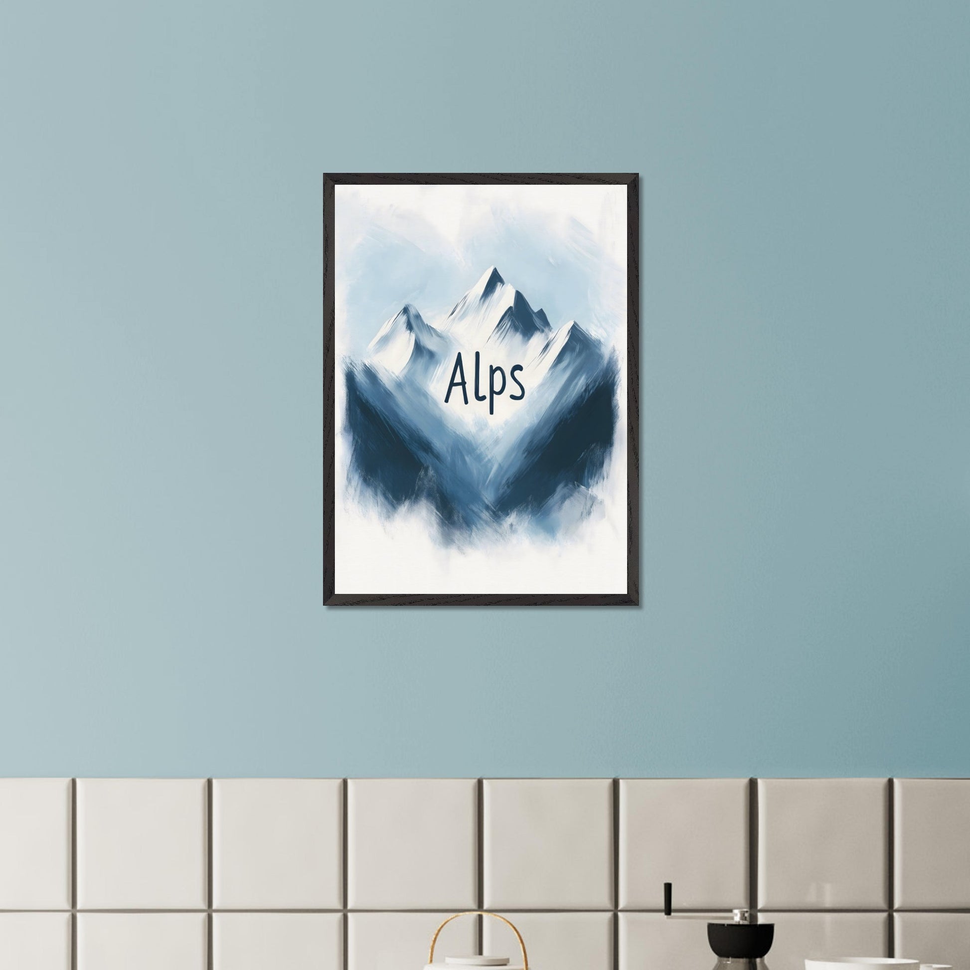 This minimalistic poster captures the raw beauty of alpine peaks, portrayed in a painterly, soft blue tone. The ethereal ambiance evokes a sense of peace and awe, celebrating the untouched splendor of nature.