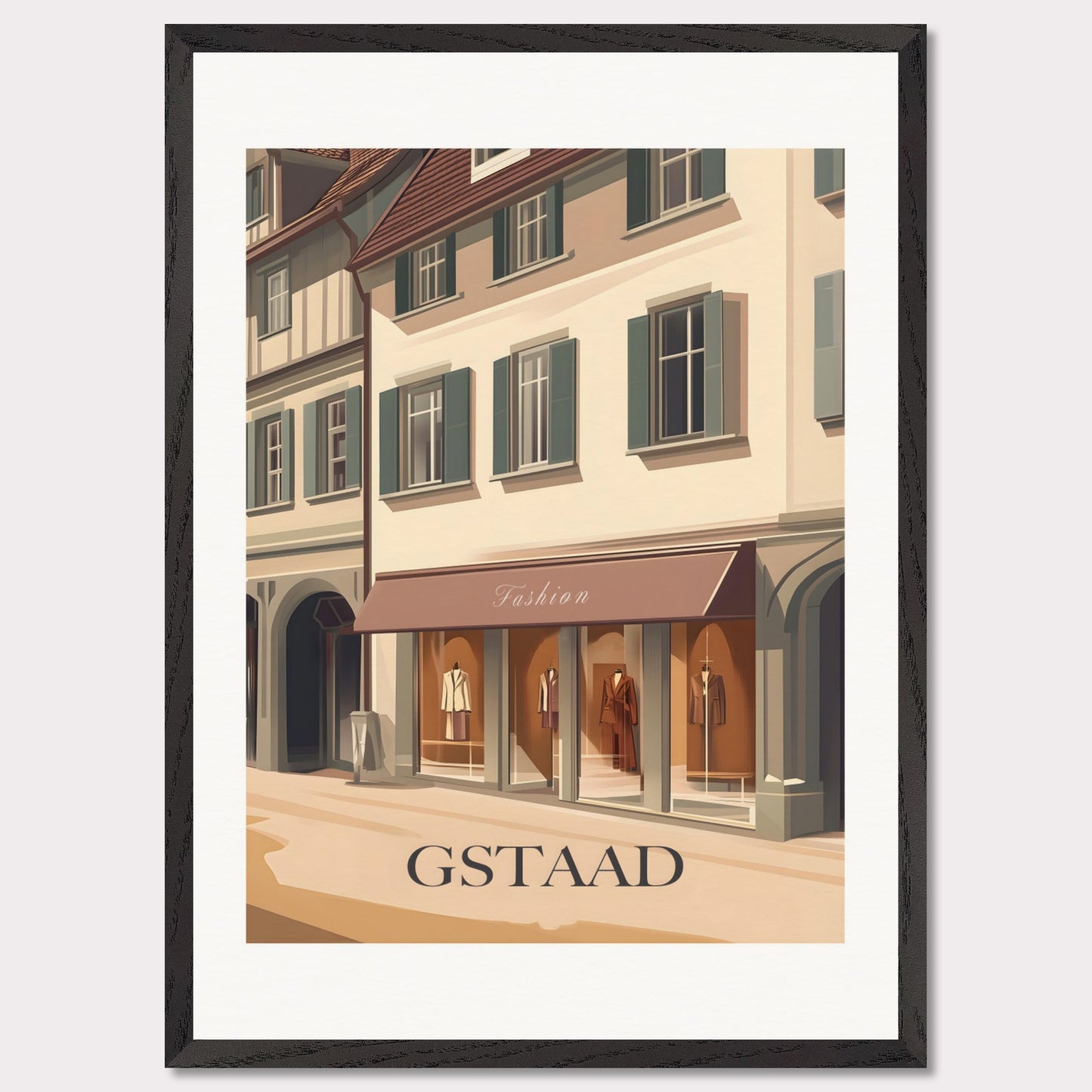 A stylish poster capturing the elegant shopping experience in Gstaad. The charming streets lined with high-end boutiques create an atmosphere of exclusivity and sophistication.