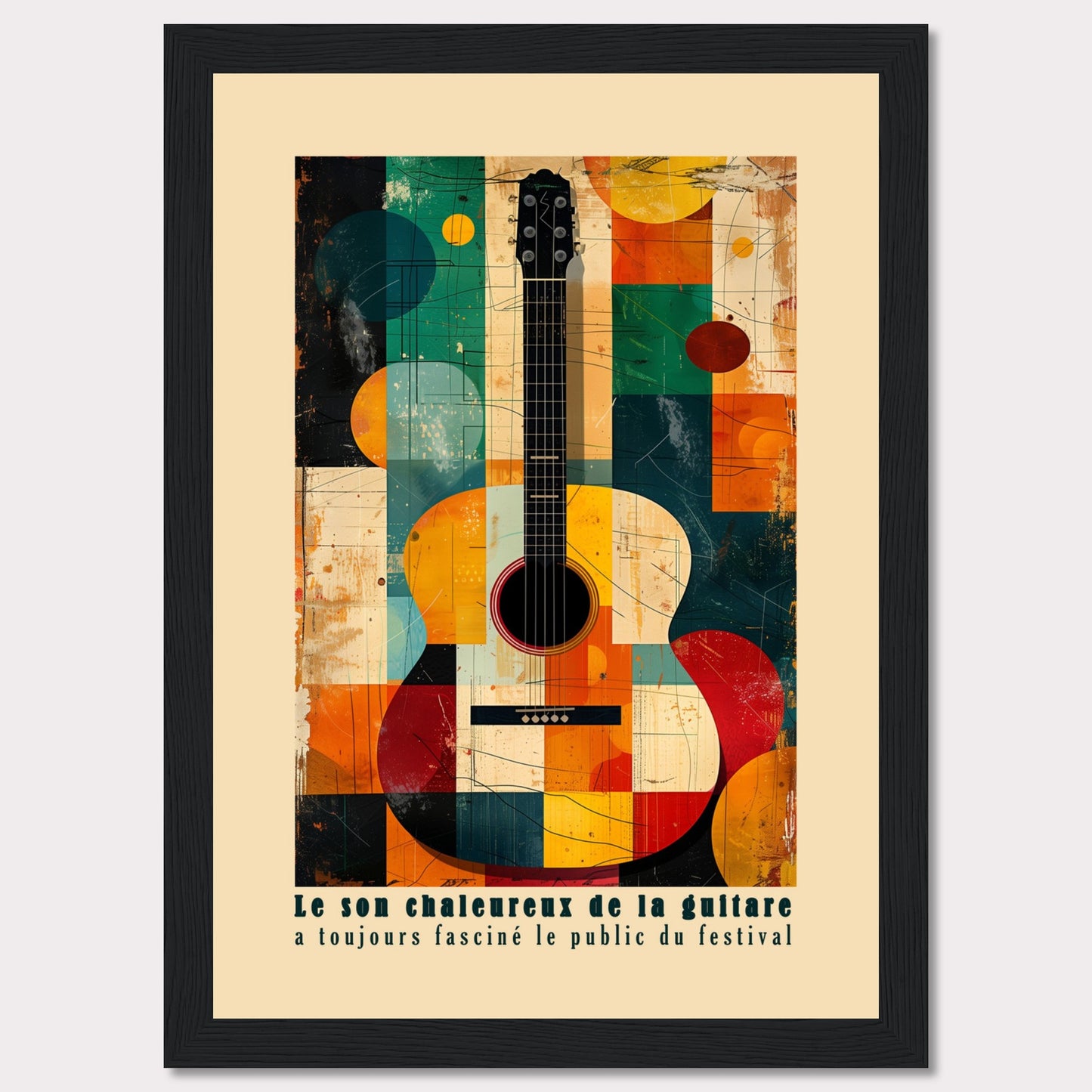 This vibrant artwork features an abstract depiction of an acoustic guitar, blending geometric shapes and bold colors. The French text at the bottom reads, "Le son chaleureux de la guitare a toujours fasciné le public du festival," which translates to "The warm sound of the guitar has always fascinated the festival audience."