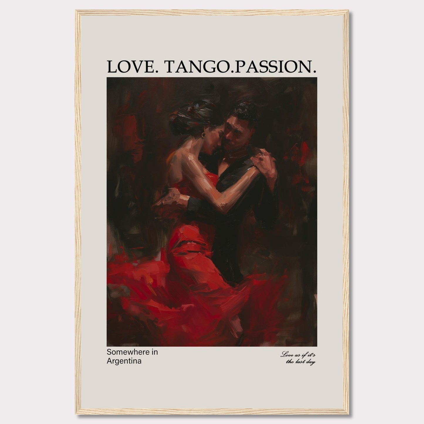 This captivating poster showcases a passionate tango dance between a couple, enveloped in deep red and black hues.