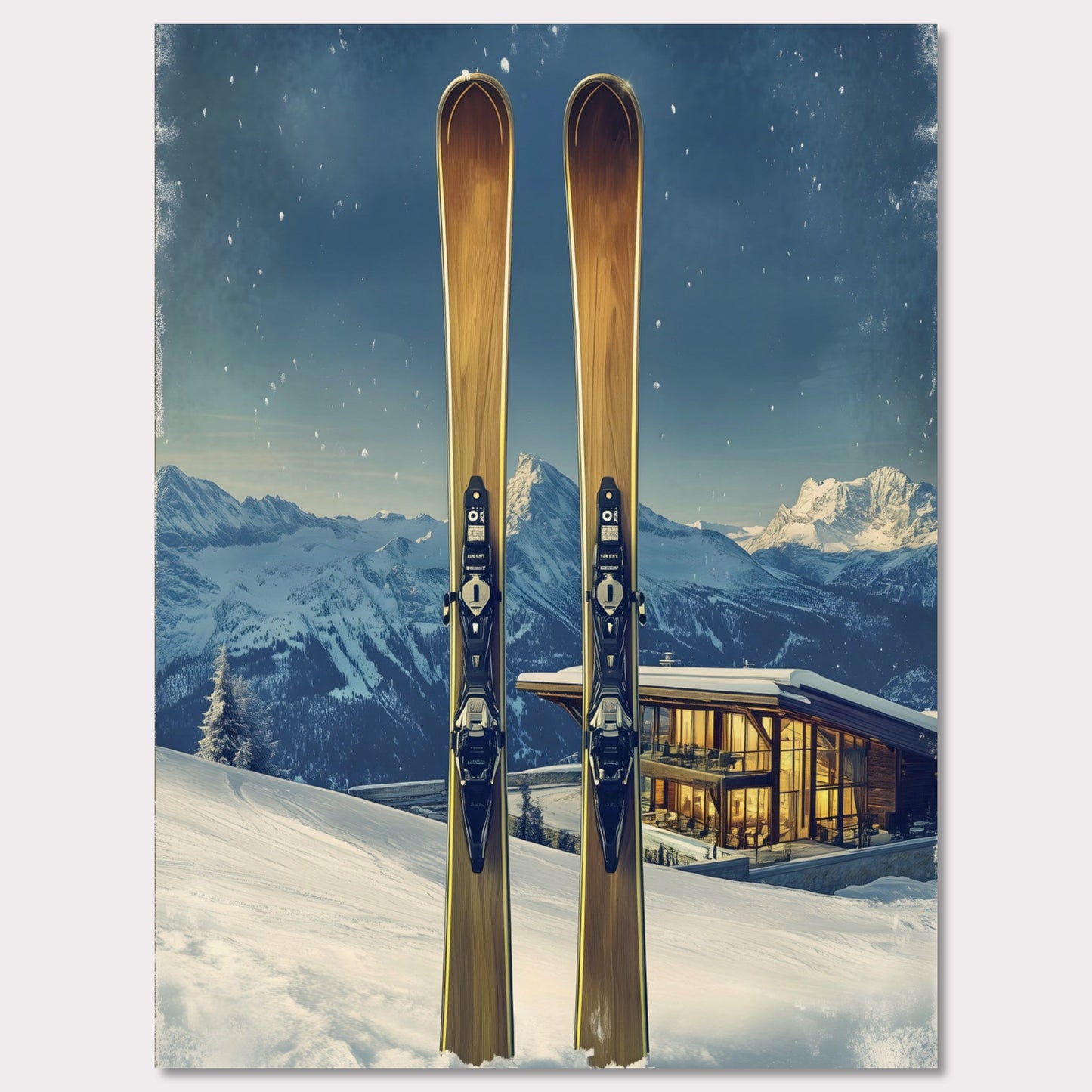 This elegant poster showcases the perfect blend of tradition and modernity in a snowy alpine escape. Two sleek skis stand proudly in the foreground, while a contemporary, glowing chalet nestled in the mountains provides a warm contrast to the frosty winter scene.