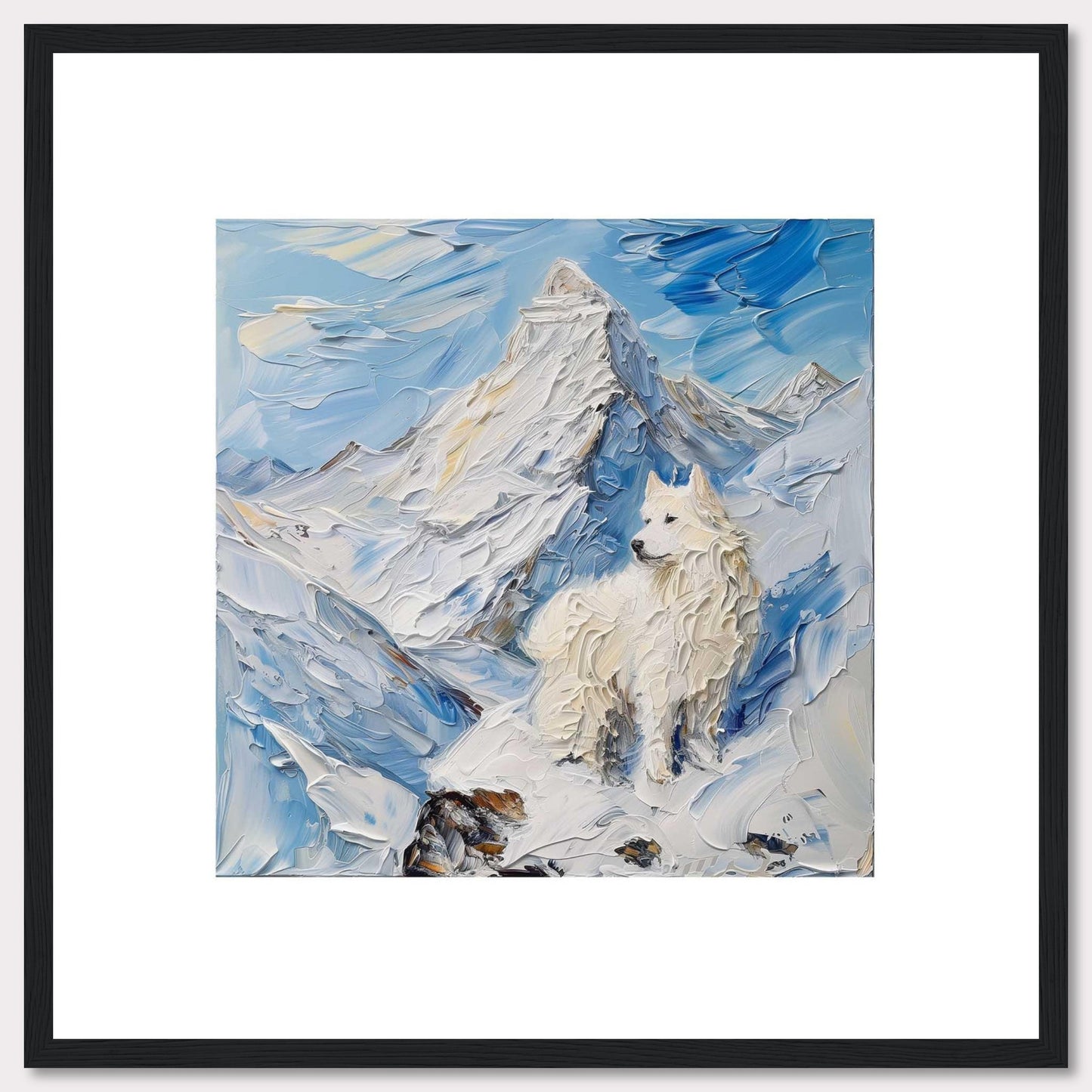 This painting depicts a majestic white dog standing proudly amidst a snowy mountain landscape. The thick, textured brushstrokes create a sense of movement and coldness in the scene.