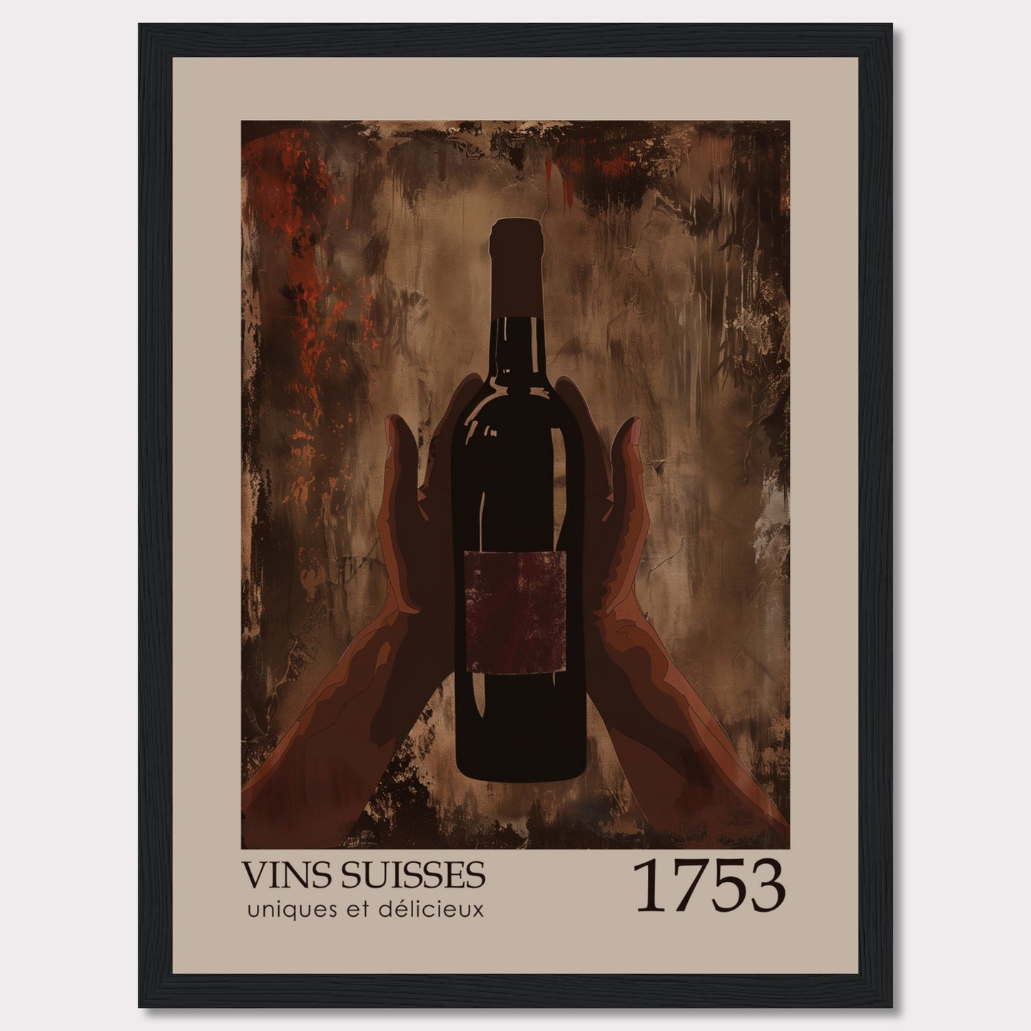 This image showcases a framed poster featuring a bottle of wine held by two hands against an abstract, textured background.