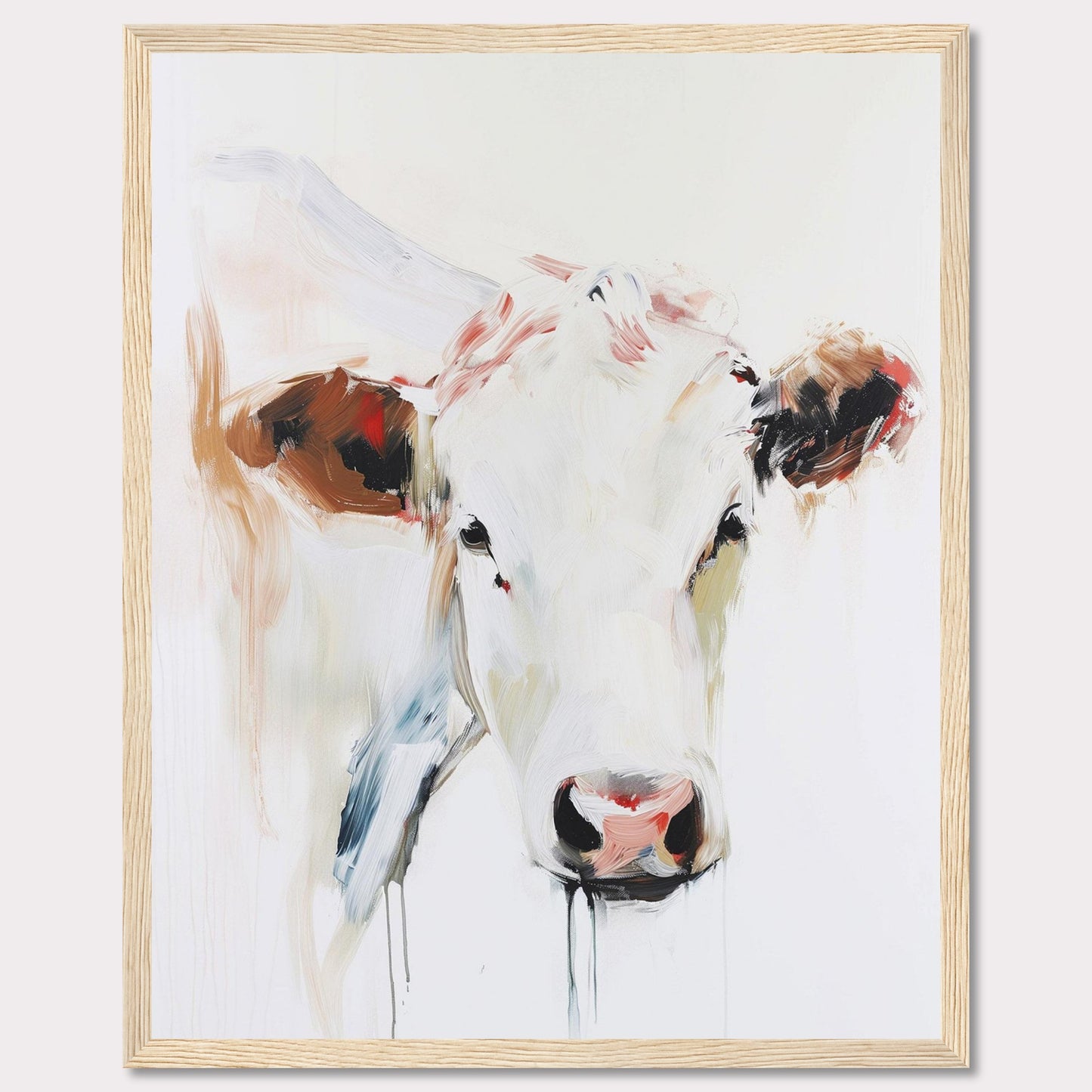 This captivating painting features a close-up of a cow's face, rendered in a modern abstract style. The artwork uses bold brush strokes and a blend of soft and vibrant colors to create a striking visual impact.