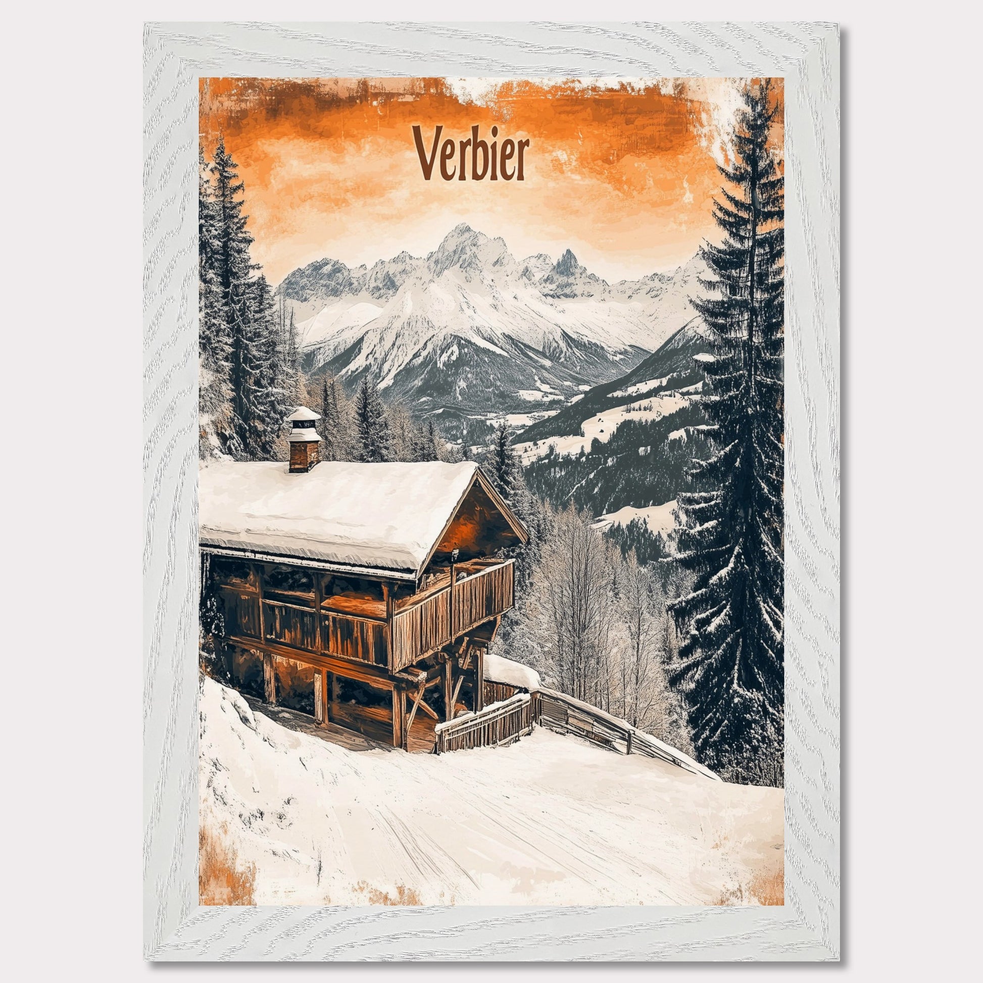 This charming retro-style poster showcases a cozy wooden cabin nestled in the snowy mountains of Verbier. The cabin, with its warm and rustic exterior, contrasts beautifully against the crisp white snow and towering, snow-capped peaks in the distance. The soft, vintage tones in the sky and the peaceful surroundings evoke a sense of tranquility and the perfect winter getaway. The gentle snowfall and warm cabin lights enhance the nostalgic feeling of a quiet retreat in the Alps.