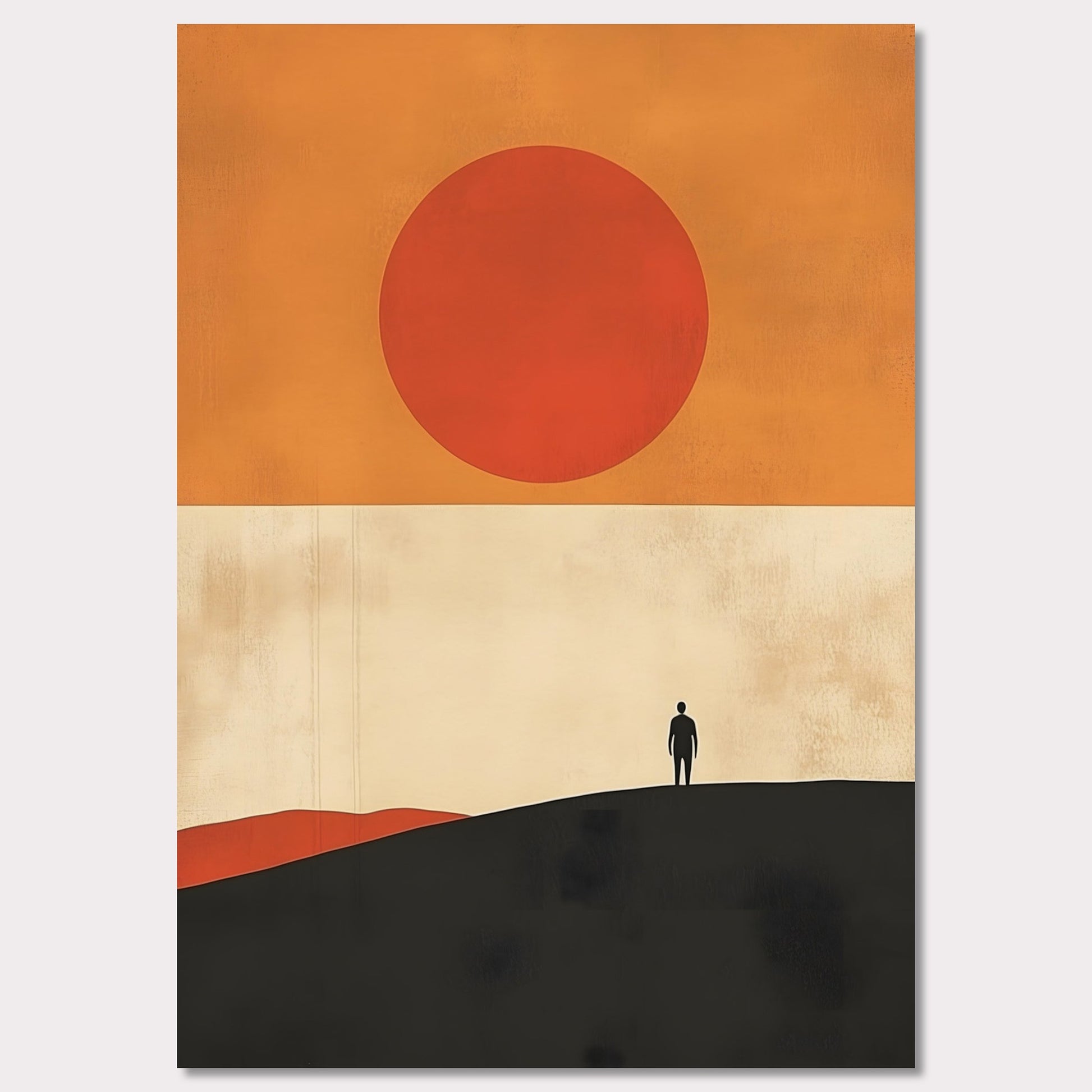 A striking minimalist artwork that conveys a sense of isolation and reflection. A lone figure stands on a hill under an oversized sun, evoking themes of wanderlust, contemplation, and the vastness of the world. The warm tones and simple composition give it a timeless, meditative feel.