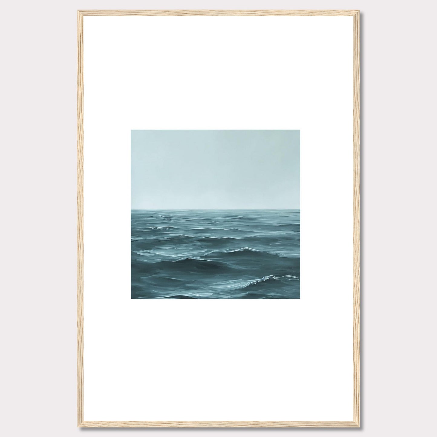 This serene artwork captures the vastness of the ocean, inviting a sense of calm and tranquility into any space. The painting features gentle waves under a soft, misty sky, framed elegantly in black.