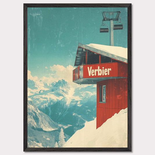 This vintage-inspired poster showcases a modern gondola station perched high above Verbier’s slopes. The gondola’s red cabin stands out against the pristine white snow, with majestic alpine peaks framing the view. The soft blue sky, accented by the vintage design, gives a timeless quality to the image. The simplicity and elegance of the gondola station invite viewers to imagine their own journey up the mountain, surrounded by the beauty of the Swiss Alps.