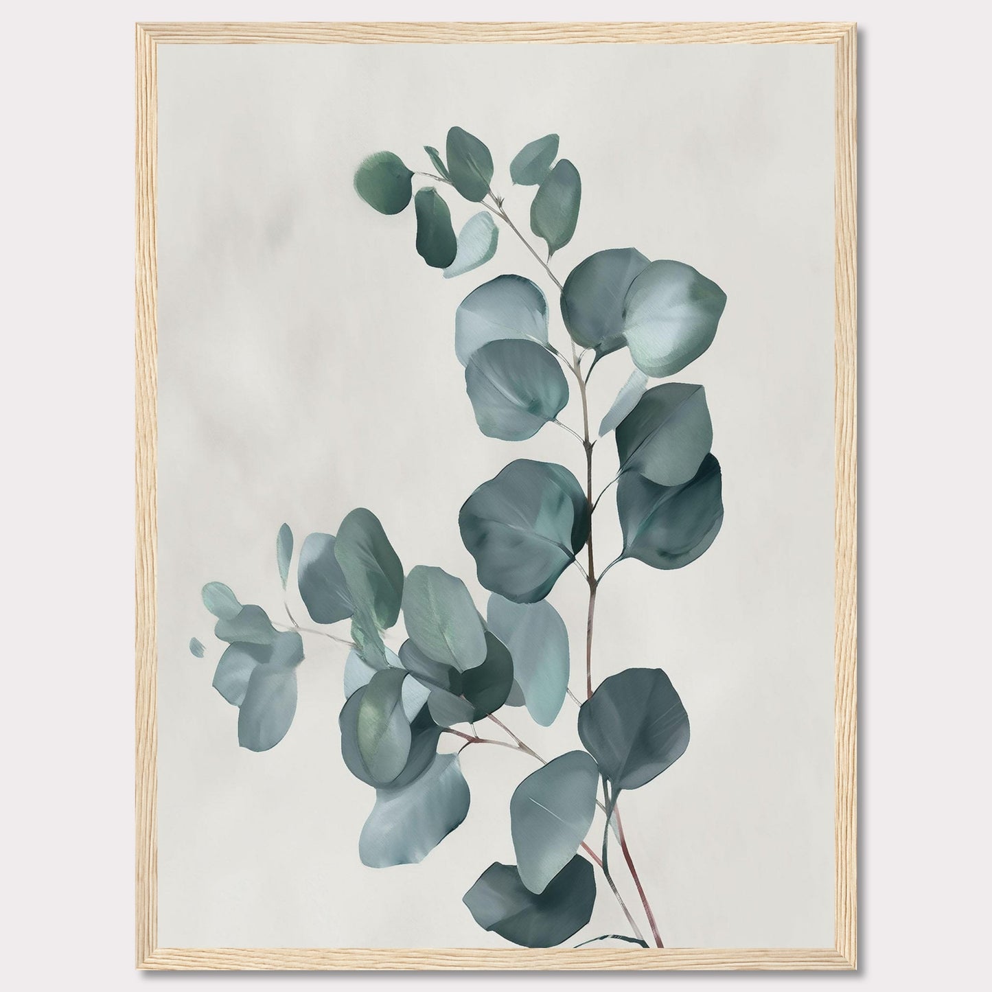 This image showcases a minimalist botanical artwork featuring eucalyptus leaves. The leaves are painted in soft, muted green tones against a light background, creating a serene and calming effect.