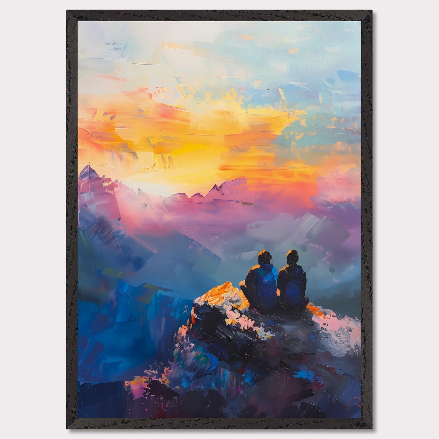 This is an illustration of two people sitting on a rocky cliff, overlooking a vibrant and colorful sunset or sunrise. The sky is painted with warm hues of orange, yellow, and pink, blending into cooler tones of blue and purple.