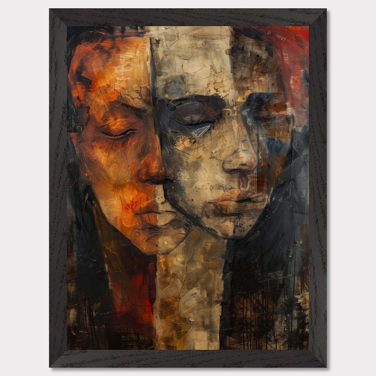 This captivating artwork features two abstract faces, blending seamlessly into one another. The painting is rich in texture and color, with a striking contrast between warm and cool tones. The faces appear to be in deep contemplation, evoking a sense of introspection and connection.