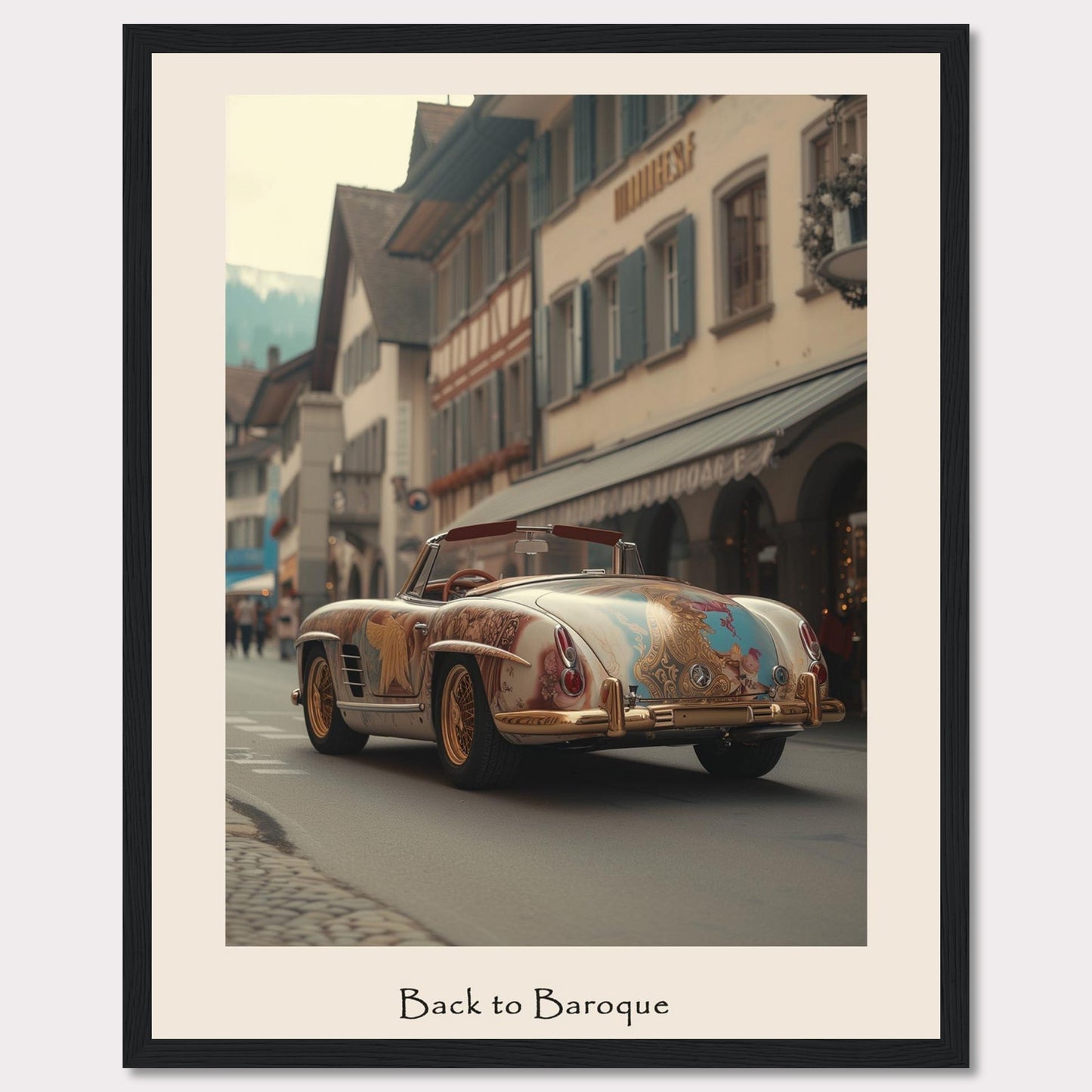 This captivating image showcases a vintage car adorned with intricate Baroque-style artwork, driving through a quaint European street lined with charming buildings. The scene is set against a backdrop of mountains, adding to the picturesque atmosphere.