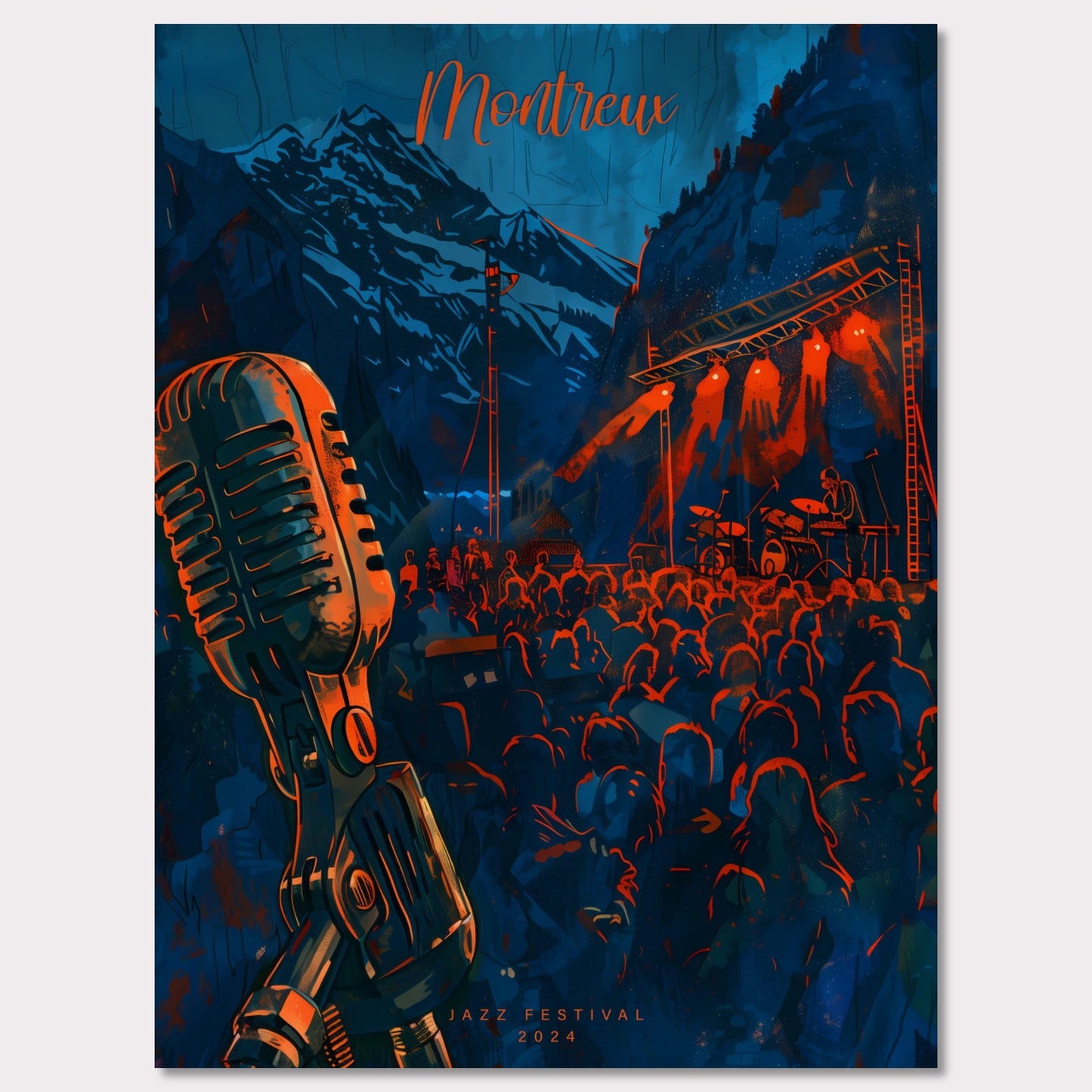 Experience the magic of Montreux Jazz Festival 2024! This vibrant poster captures the essence of live music against a stunning mountain backdrop. Join the crowd, feel the rhythm, and be part of an unforgettable musical journey.