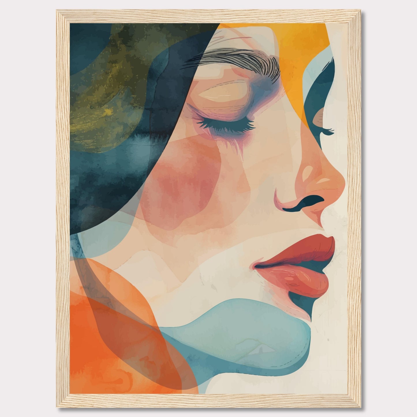 This captivating artwork features a serene profile of a woman's face, rendered in a vibrant mix of abstract colors. The composition highlights her closed eyes and calm expression, evoking a sense of tranquility and introspection.