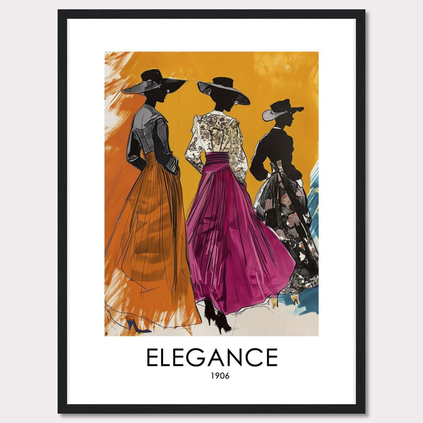 Three stylish women in elegant dresses and wide-brimmed hats stand gracefully against a vibrant orange background. The artwork exudes sophistication and timeless fashion from the early 1900s.