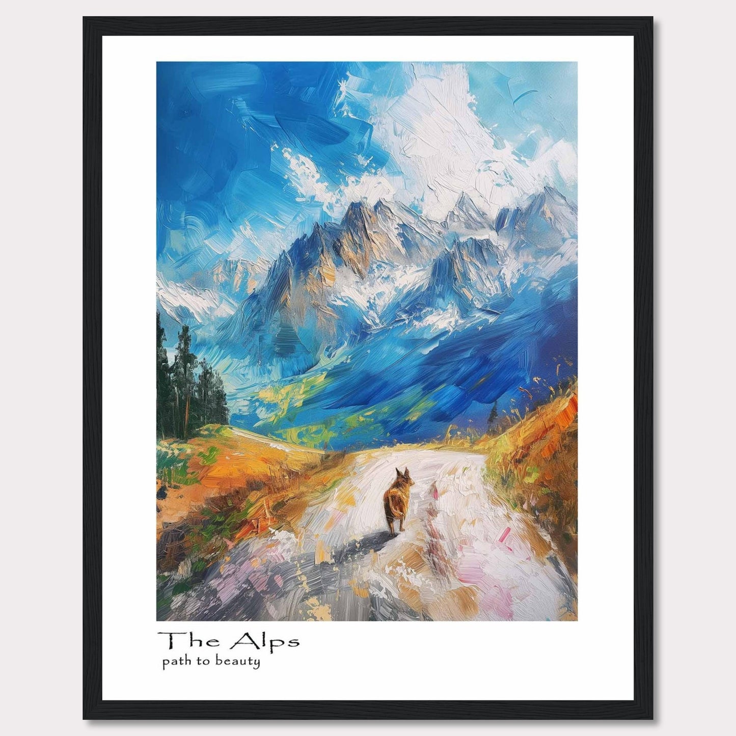 This painting captures the breathtaking beauty of the Alps with vibrant colors and dynamic brushstrokes. A lone hiker walks along a winding path, surrounded by majestic mountains under a bright blue sky.