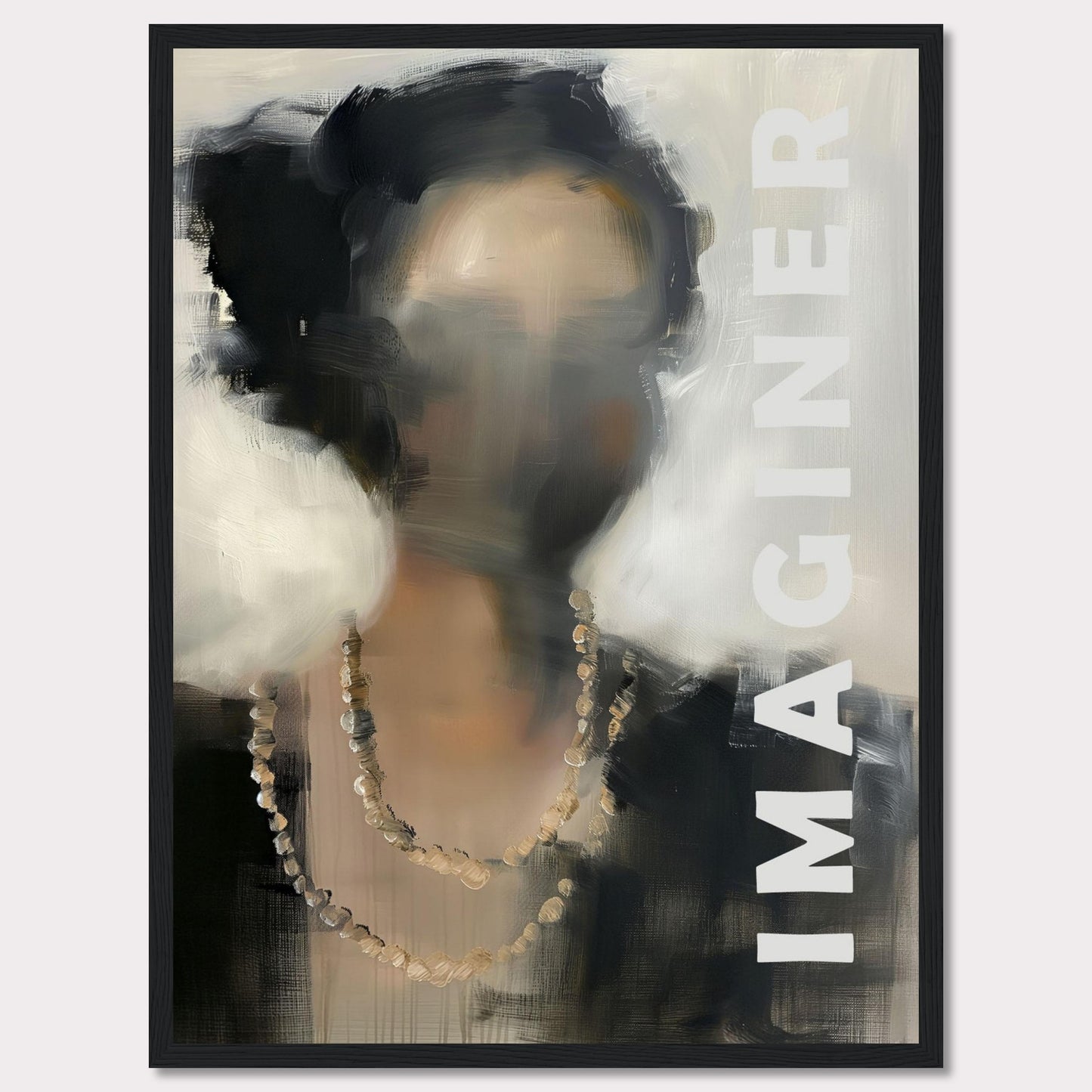 This captivating artwork features an abstract portrait of a person with blurred facial details, adorned with a beaded necklace. The word "IMAGINER" is prominently displayed along the right side, inviting viewers to envision their own interpretations.