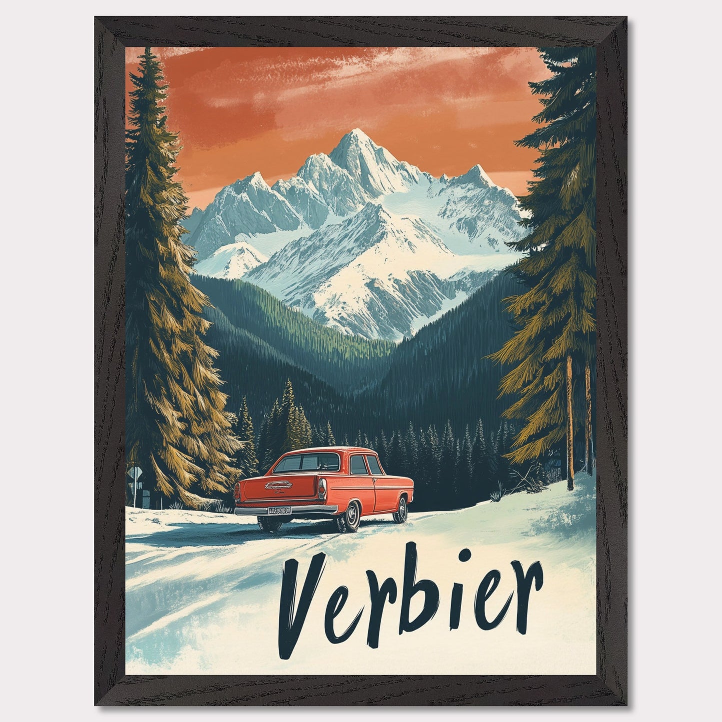 This striking retro-style poster depicts a vintage car driving through a snowy mountain landscape in Verbier. The red car stands out against the backdrop of majestic, snow-covered peaks and towering trees, with the warm orange hues of the sky adding to the nostalgic vibe. The vintage typography and artistic style evoke the allure of road trips through the Swiss Alps, offering a sense of freedom and adventure in a winter wonderland.