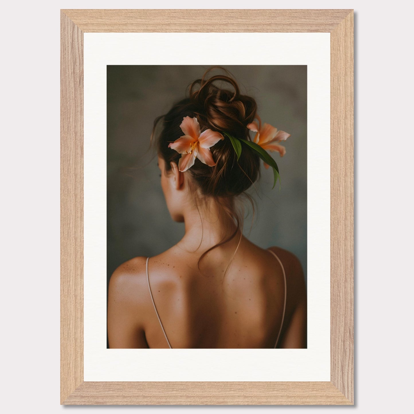 This illustration depicts a woman viewed from behind, with her hair styled in an elegant updo adorned with two peach-colored flowers and green leaves.

This poster would fit well in a bedroom, living room, or any space that benefits from a touch of elegance and natural beauty.