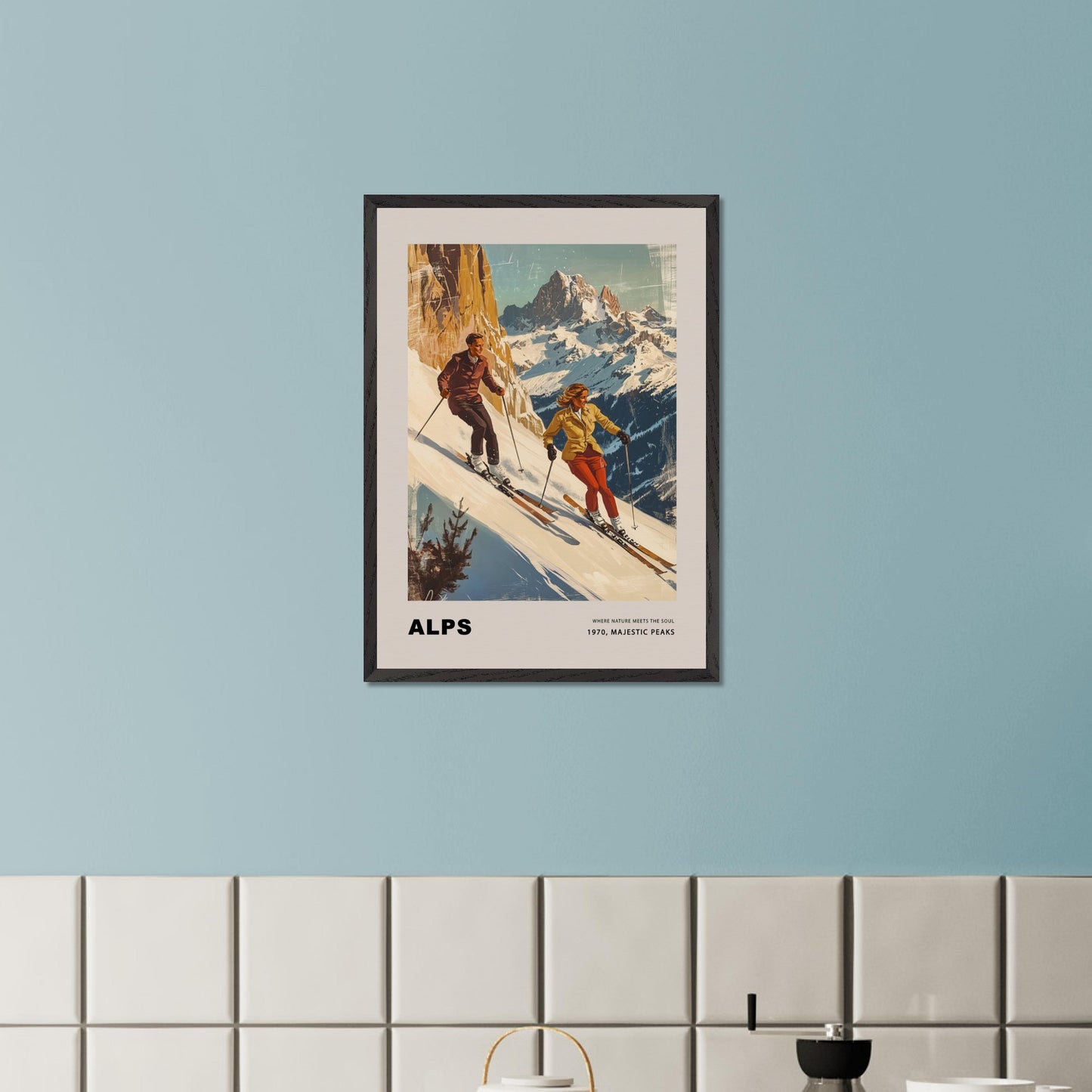 This striking vintage poster celebrates the grandeur of the Alps, depicting a dynamic pair of skiers descending snowy slopes with towering peaks in the background. Their confident movements against the crisp, majestic scenery capture the essence of alpine adventure. The warm, retro tones paired with the timeless typography evoke a sense of nostalgia and the spirit of mountain exploration.