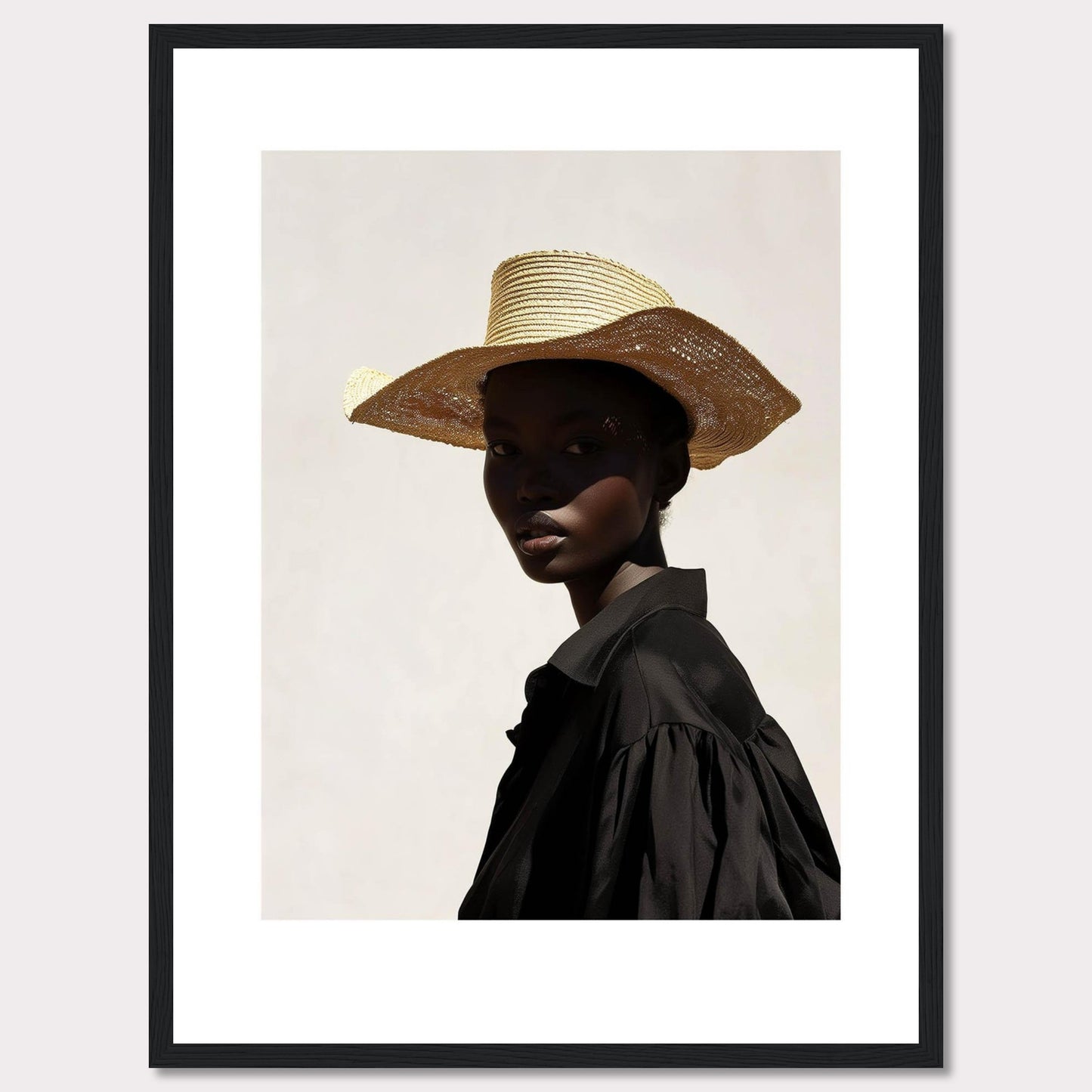 This striking portrait features a person wearing a wide-brimmed straw hat and a black outfit, set against a minimalist light background. The play of light and shadow adds depth and intrigue to the image.