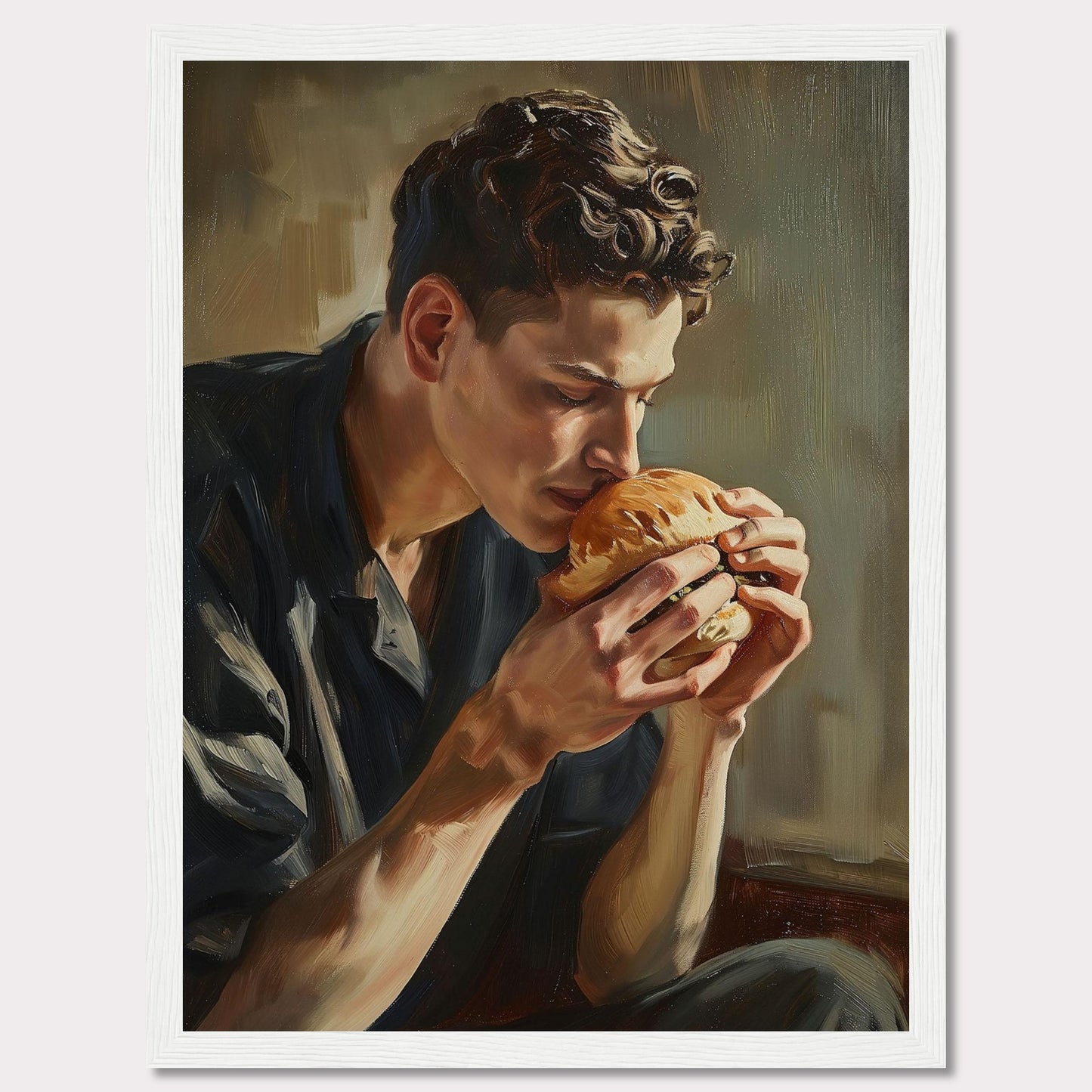 This captivating painting depicts a young man deeply savoring the aroma of a freshly made burger. The rich, detailed brushstrokes highlight the intensity of the moment, capturing a sense of appreciation and contentment.