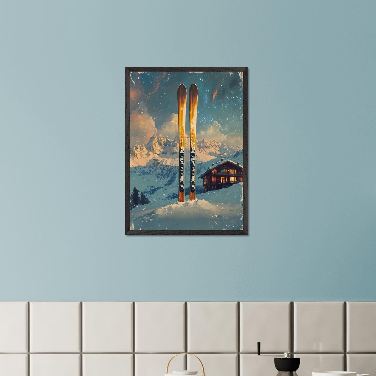 This enchanting poster portrays a serene winter scene with a skier gracefully gliding through untouched snow. The tranquil beauty of the snowy landscape, combined with the soft hues of a setting sun, creates an atmosphere of peace and connection with nature. The minimalistic style emphasizes simplicity and elegance.