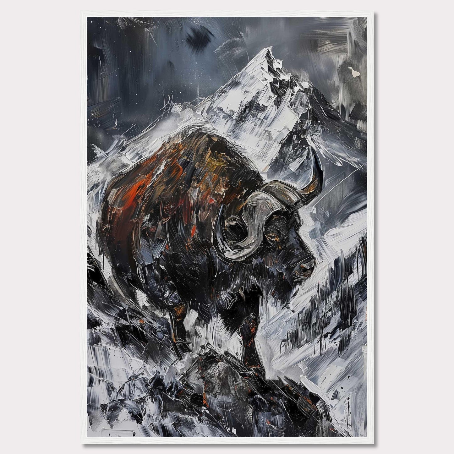 This striking painting captures the raw power of a buffalo against a dramatic mountainous backdrop. The bold brushstrokes and intense colors create a sense of movement and energy.