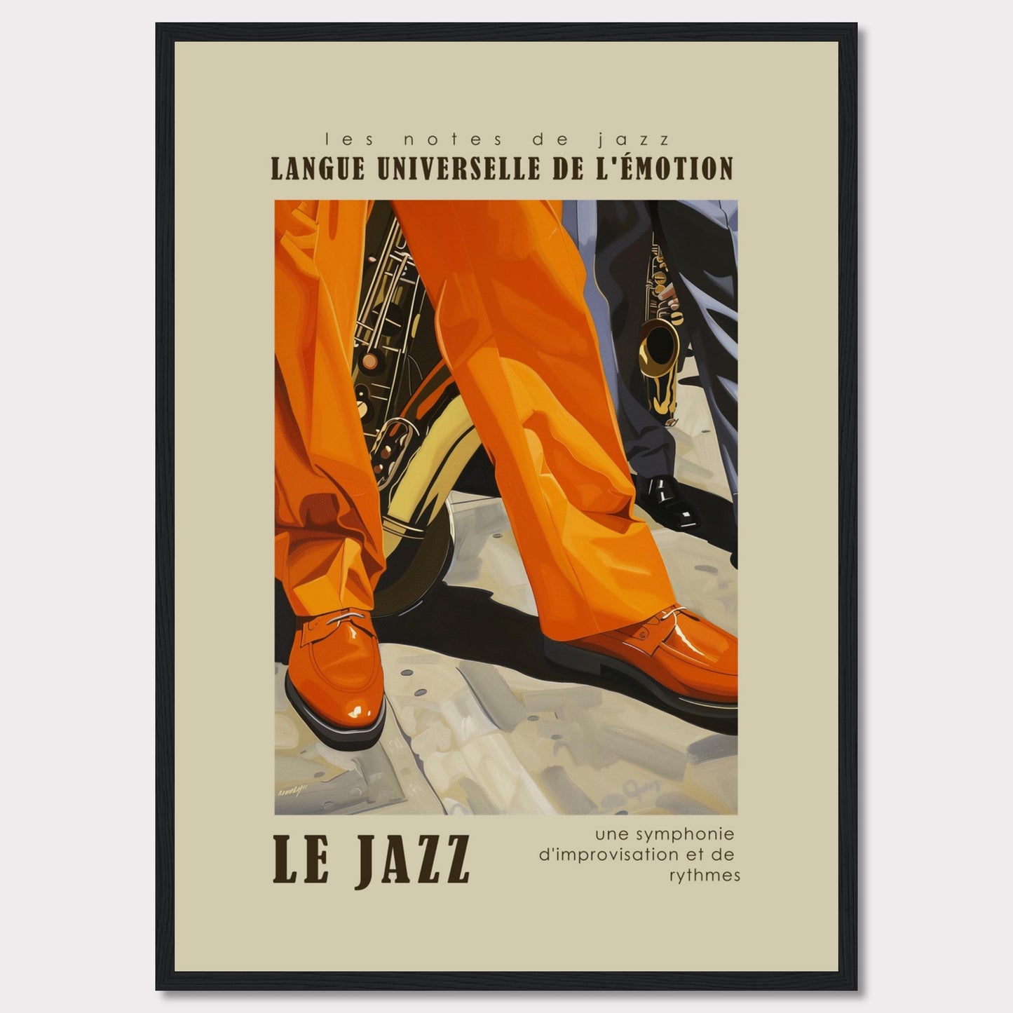 This vibrant poster captures the essence of jazz with its bold colors and dynamic imagery. The scene focuses on the legs and shoes of musicians, emphasizing their lively movements. Brass instruments peek from behind, hinting at the soulful music being played. The text reads "LANGUE UNIVERSELLE DE L'ÉMOTION" and "LE JAZZ," highlighting jazz as a universal language of emotion. The tagline, "une symphonie d'improvisation et de rythmes," describes jazz as a symphony of improvisation and rhythms.