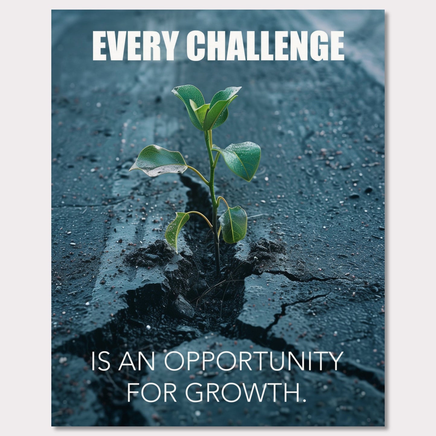 A motivational poster featuring a small green plant sprouting through a crack in the asphalt. The text on the poster reads "EVERY CHALLENGE IS AN OPPORTUNITY FOR GROWTH." The image symbolizes resilience and perseverance.